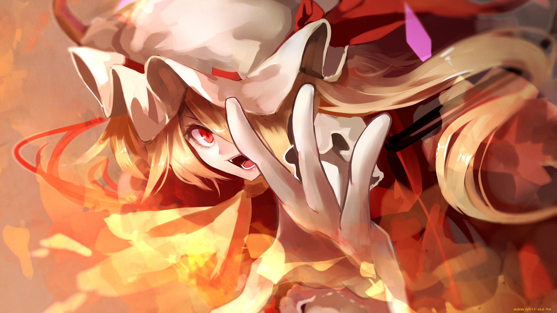 аниме, touhou, девушка, арт, пламя, рука, взгляд, yellow, skies, fami, flandre, scarlet