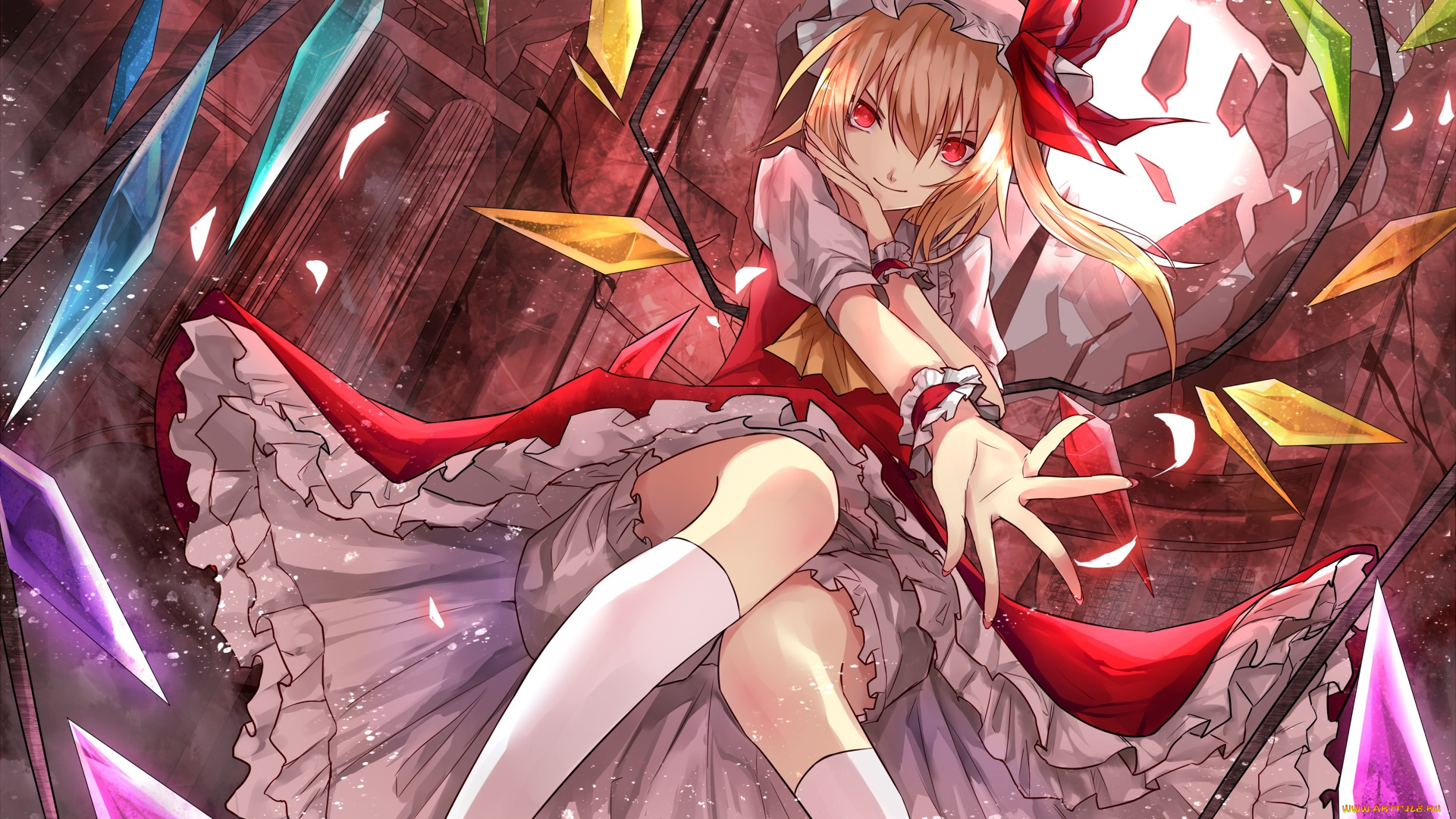 аниме, touhou, flandre, scarlet, eisuto, девушка, взгляд, кристаллы