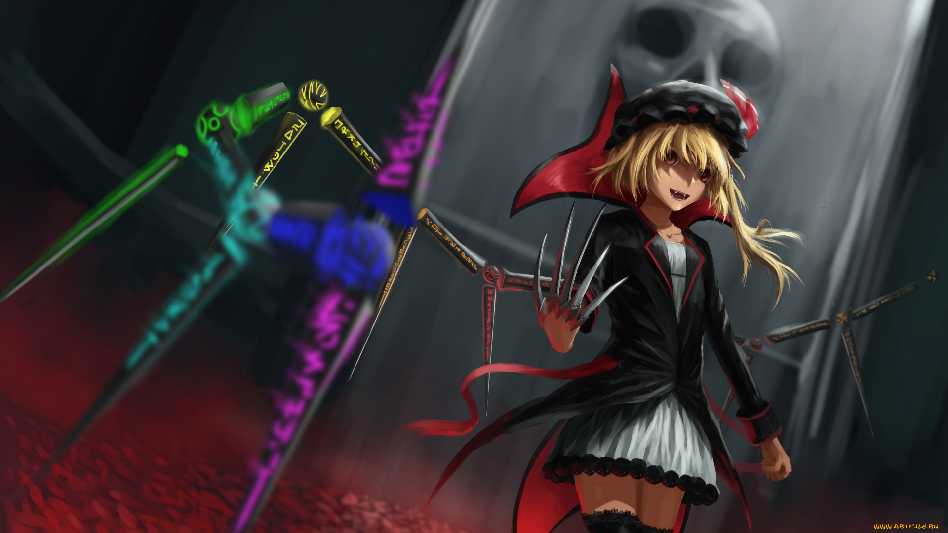 аниме, touhou, flandre, scarlet, newnand, когти, арт, девушка, взгляд, улыбка