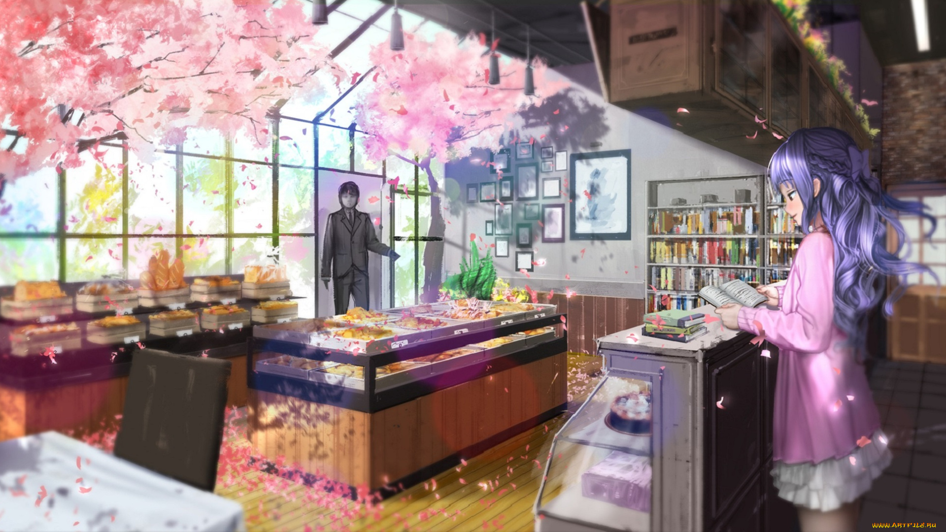 аниме, unknown, , другое, девушка, лепестки, парень, выпечка, магазин, арт