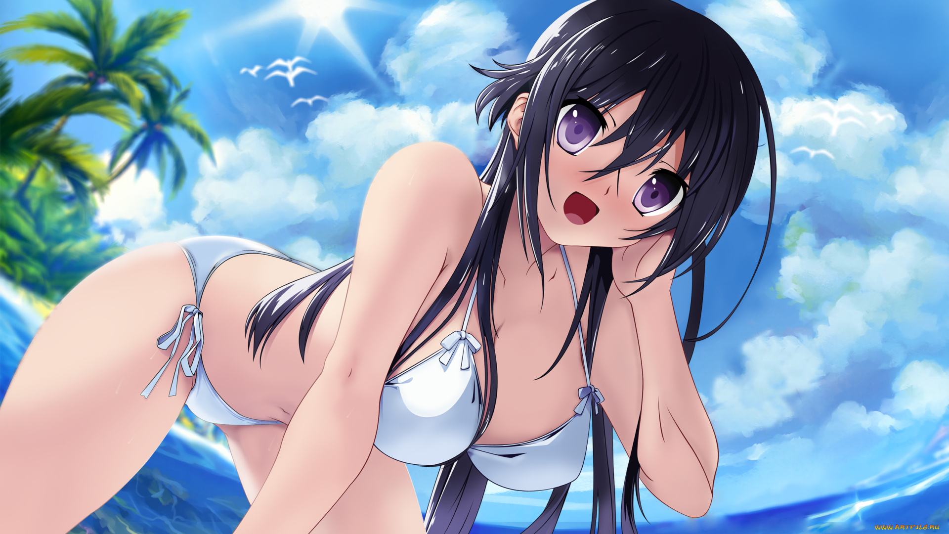 аниме, unknown, , другое, лето, купальник, море, пляж, девушка