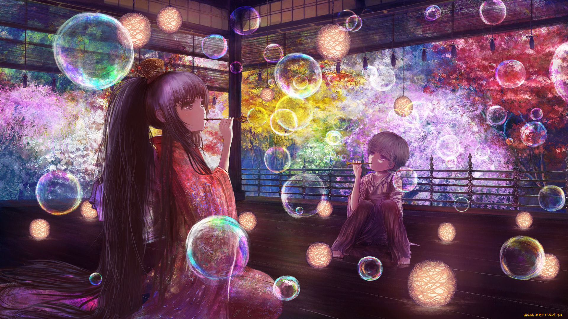 аниме, unknown, , другое, popopo5656, арт, дети, девочка, мыльные, пузыри, весна