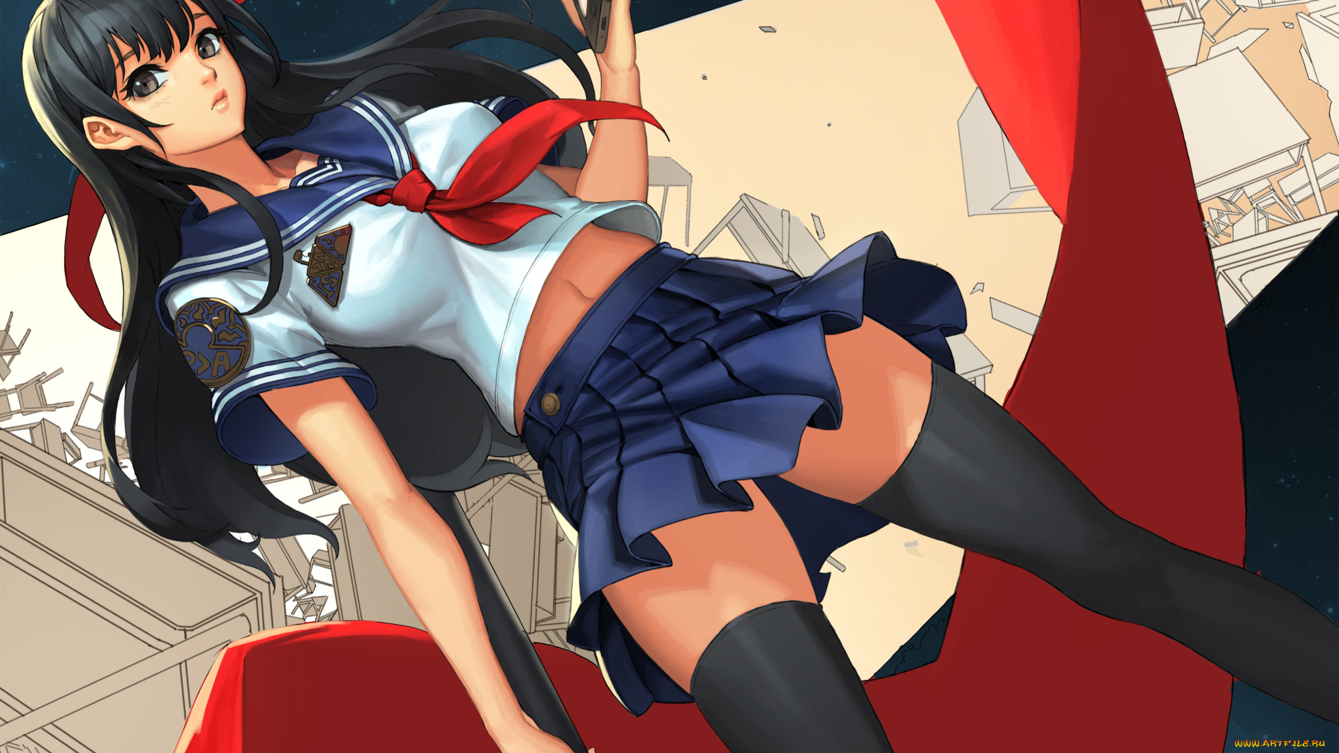 аниме, unknown, , другое, телефон, cherrylich, матроска, чулки, брюнетка, юбка, девушка, взгляд, арт