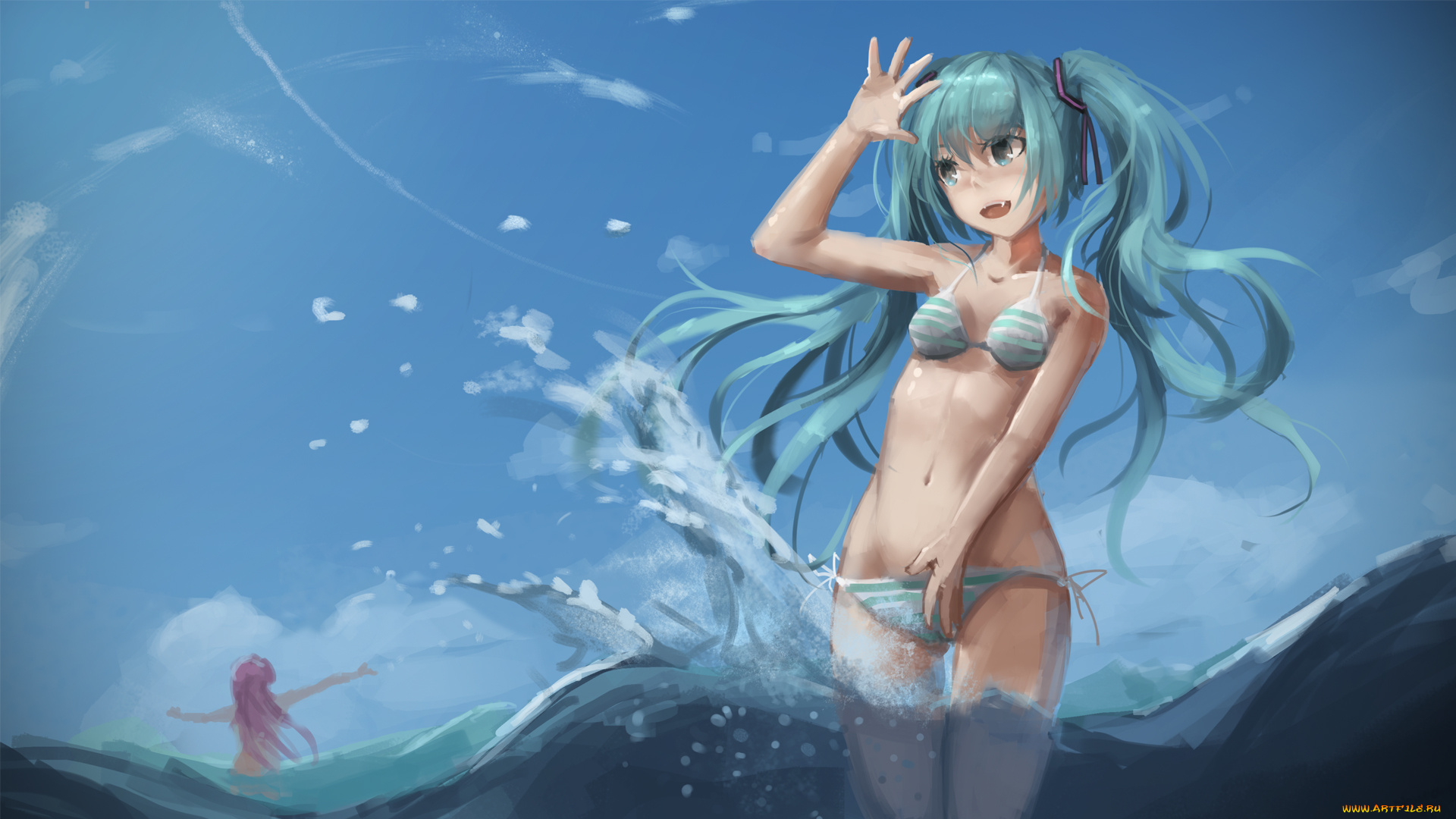 аниме, vocaloid, hatsune, miku, megurine, luka, арт, девушка, море, вода, купальник, newnand