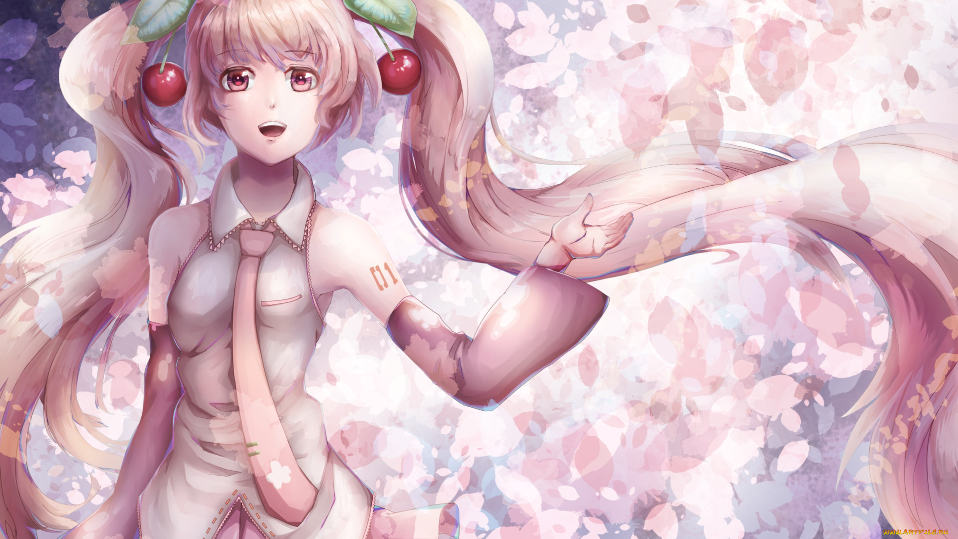 аниме, vocaloid, hatsune, miku, sakura, raymond, busujima, арт, девушка, взгляд, волосы, вишня