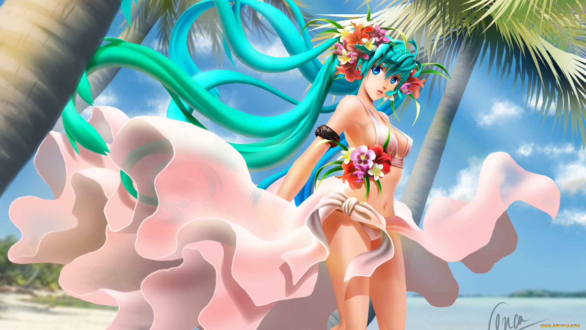 аниме, vocaloid, пальмы, венок, арт, hatsune, miku, тропики, платье, цветы, девушка