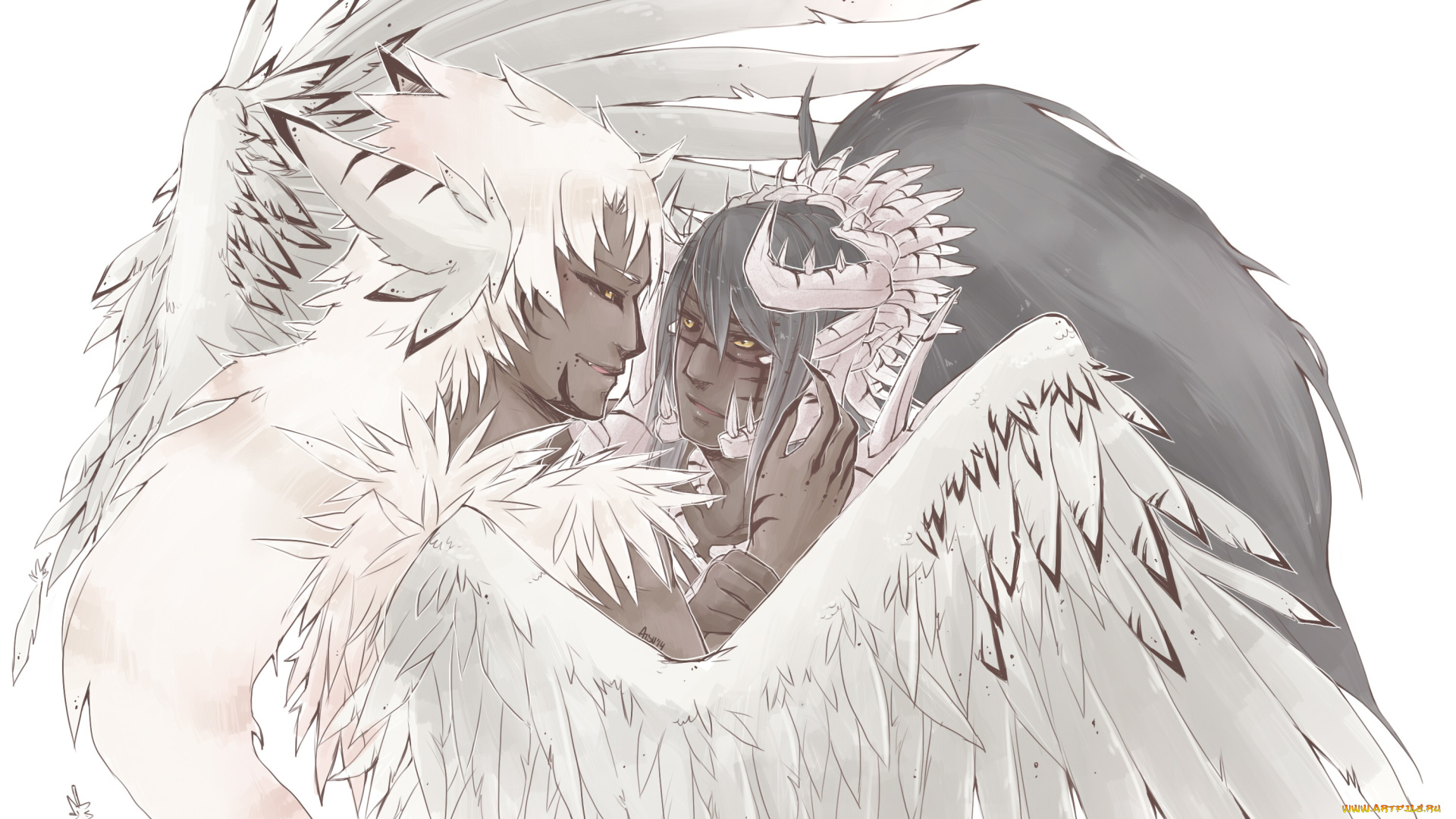 разное, арты, арт, пара, крылья, белый, фон, демоны