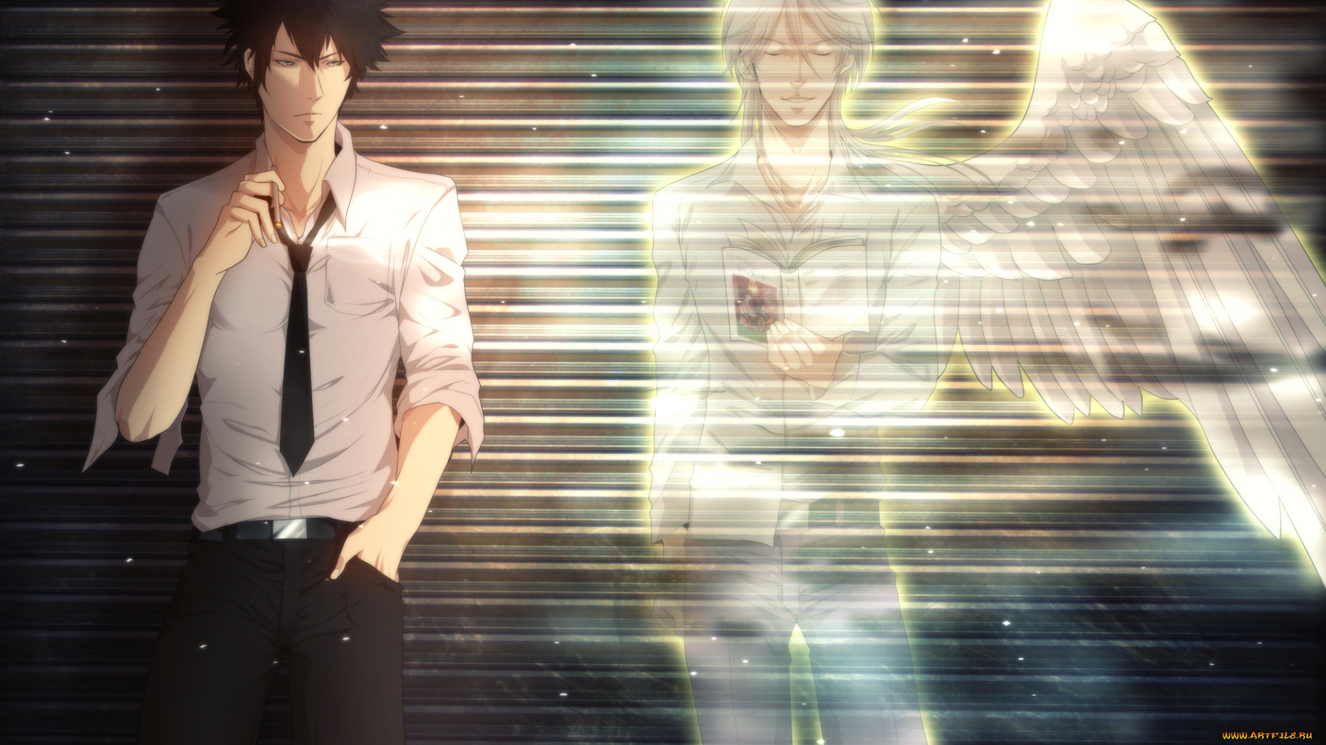 разное, арты, брюнет, блондин, ангел, сигарета, парни, арт, психо-пасс