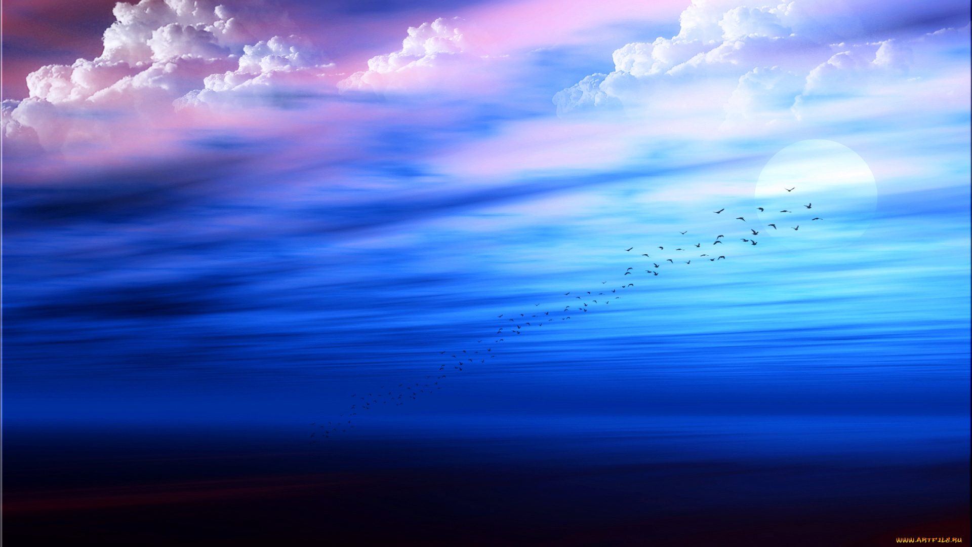 разное, компьютерный, дизайн, солнце, луна, стая, облака, небо, птицы, море