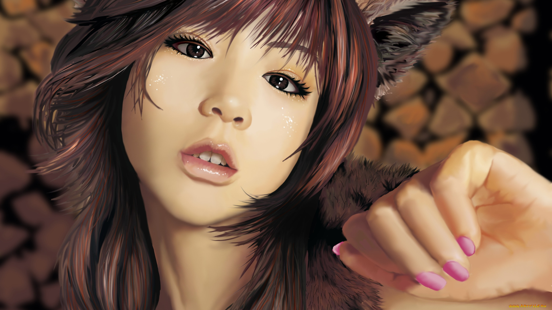 рисованное, люди, взгляд, ушки, азиатка, девушка