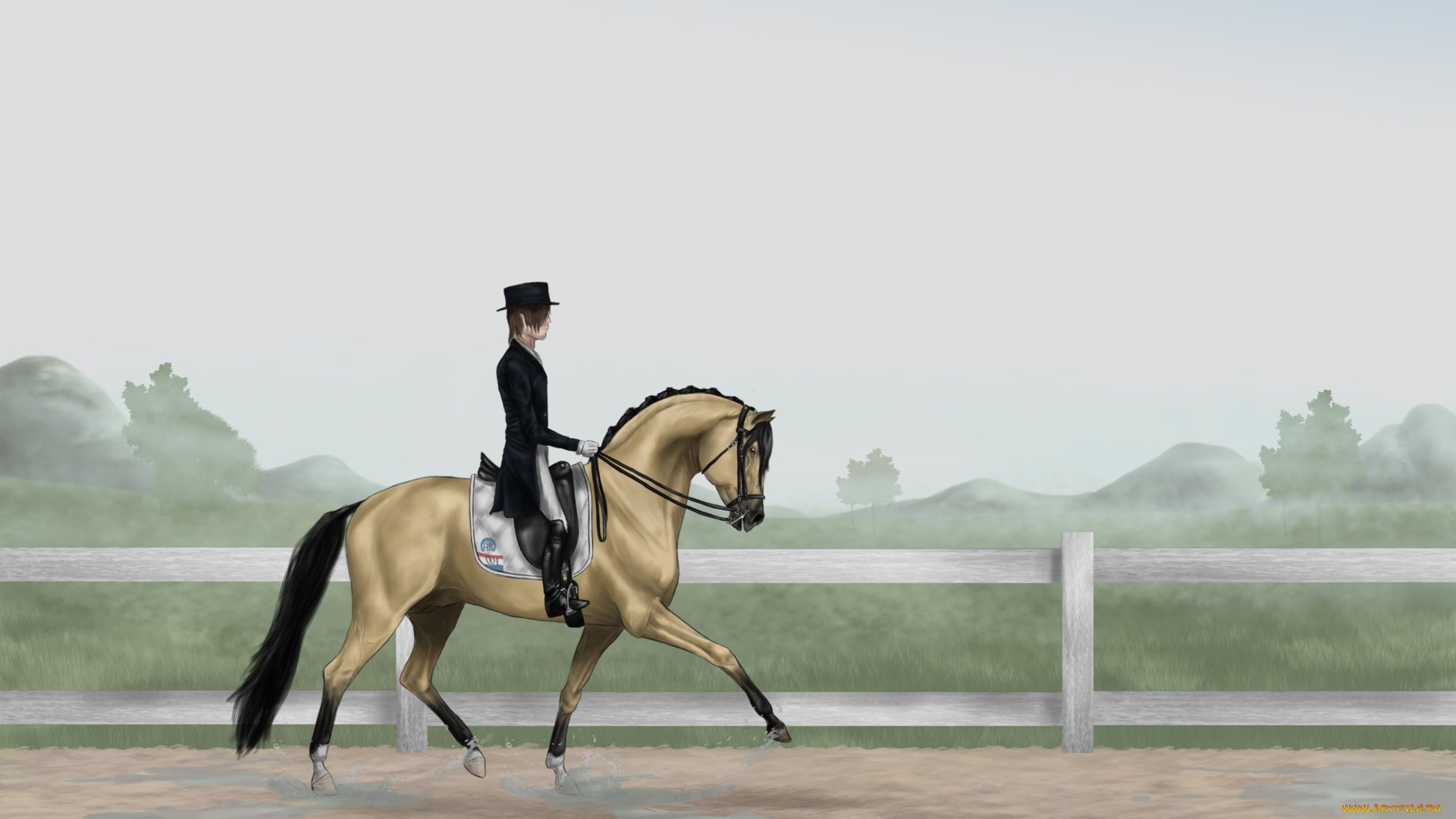 рисованное, животные, , лошади, лошадь, прогулка, всадник