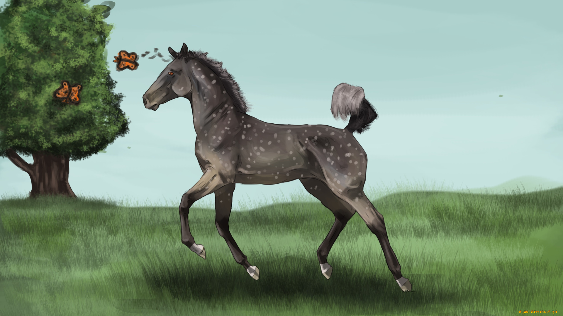 рисованное, животные, , лошади, лошадка, бабочки, лето, дерево