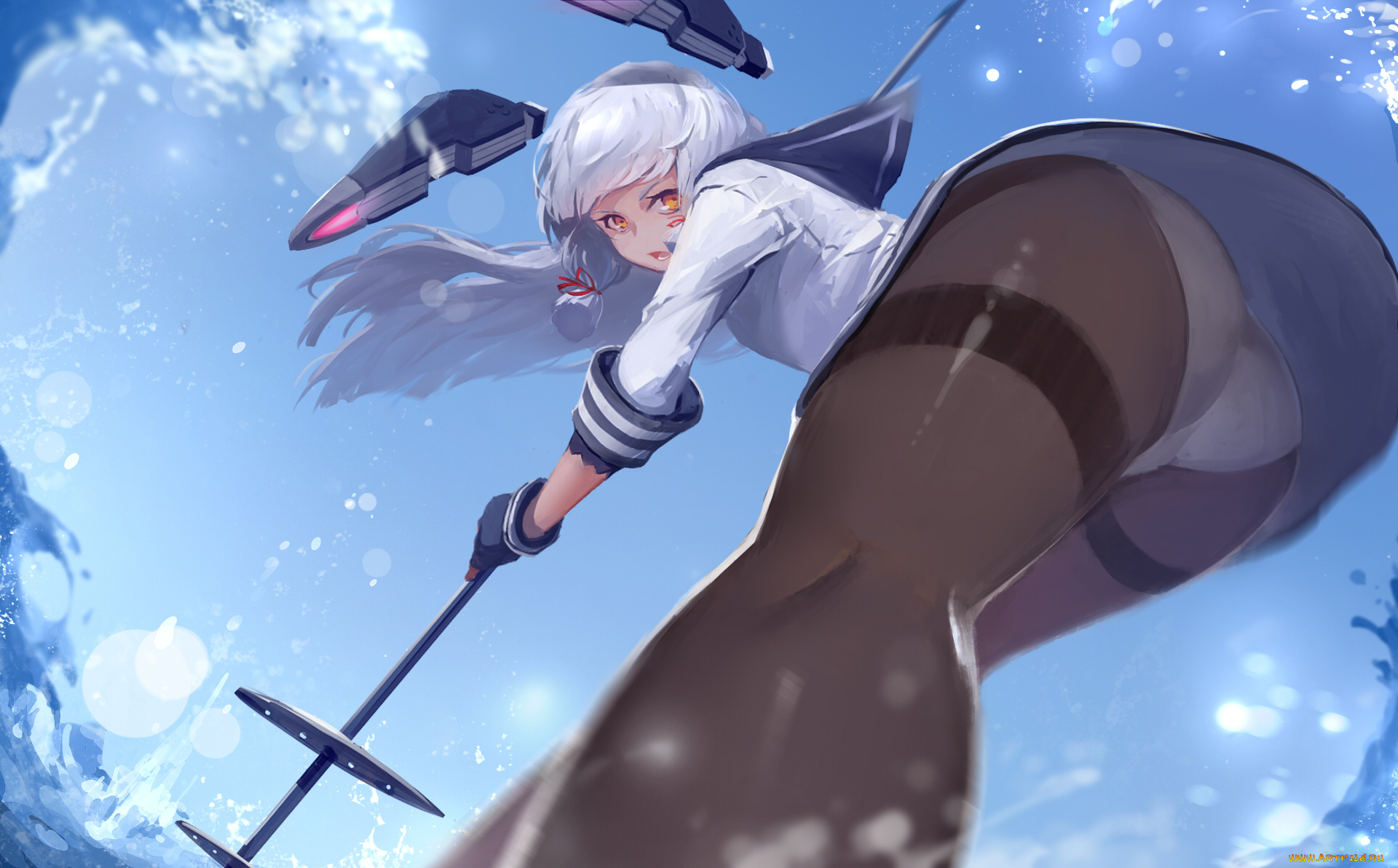 аниме, kantai, collection, kantai, collection, murakumo, kancolle, небо, sola7764, арт, вода, девушка, нога, взгляд