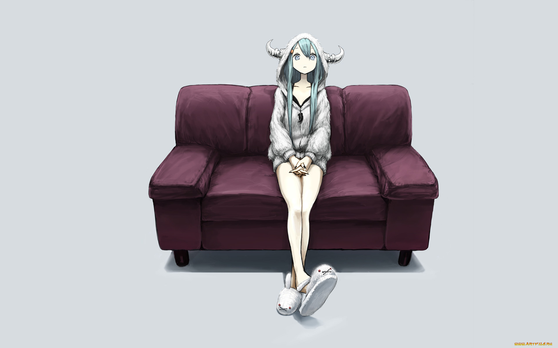 аниме, ангелы, , демоны, кролик, тапочки, жилетка, девушка, диван, мех, демон, рога