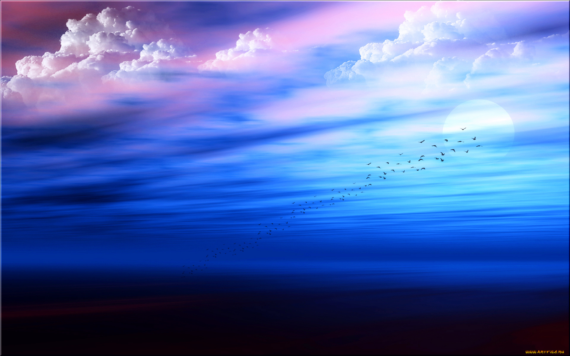 разное, компьютерный, дизайн, солнце, луна, стая, облака, небо, птицы, море
