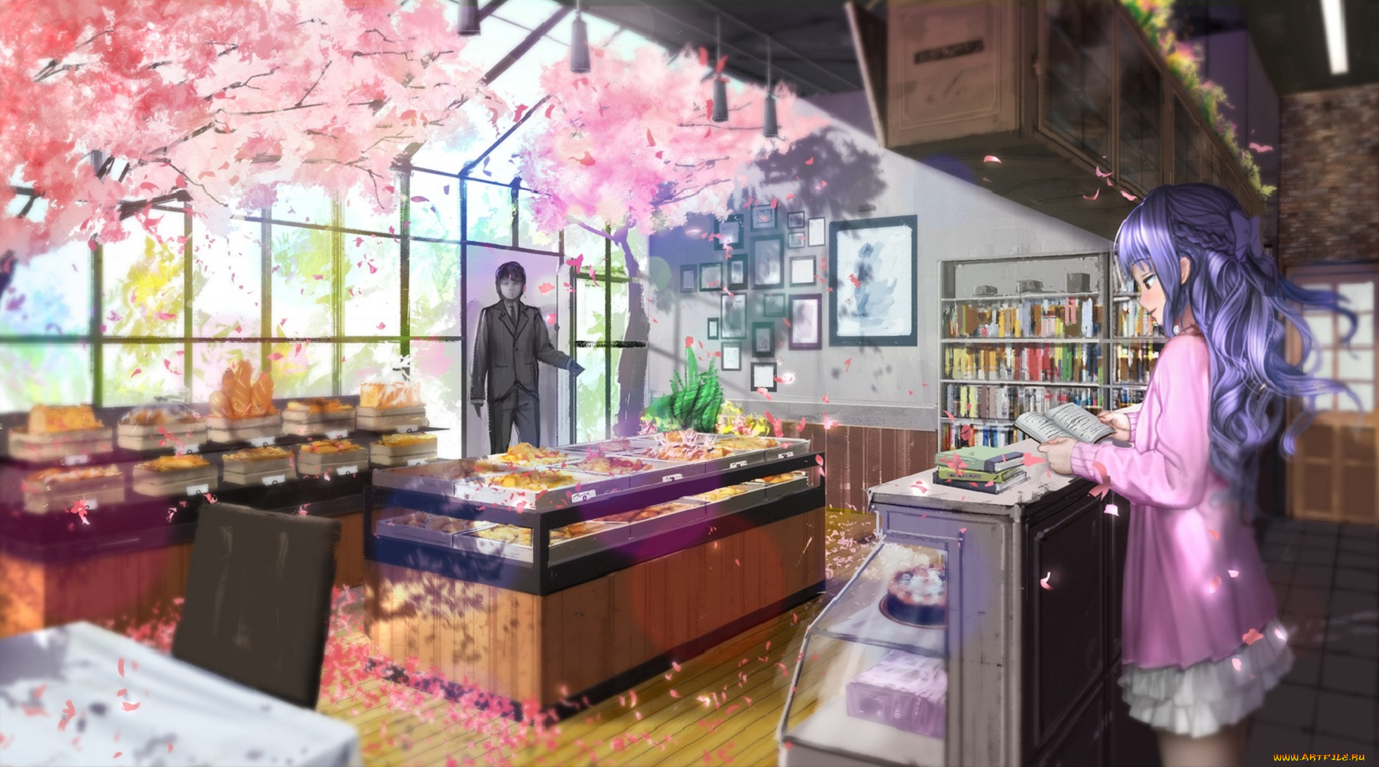 аниме, unknown, , другое, девушка, лепестки, парень, выпечка, магазин, арт