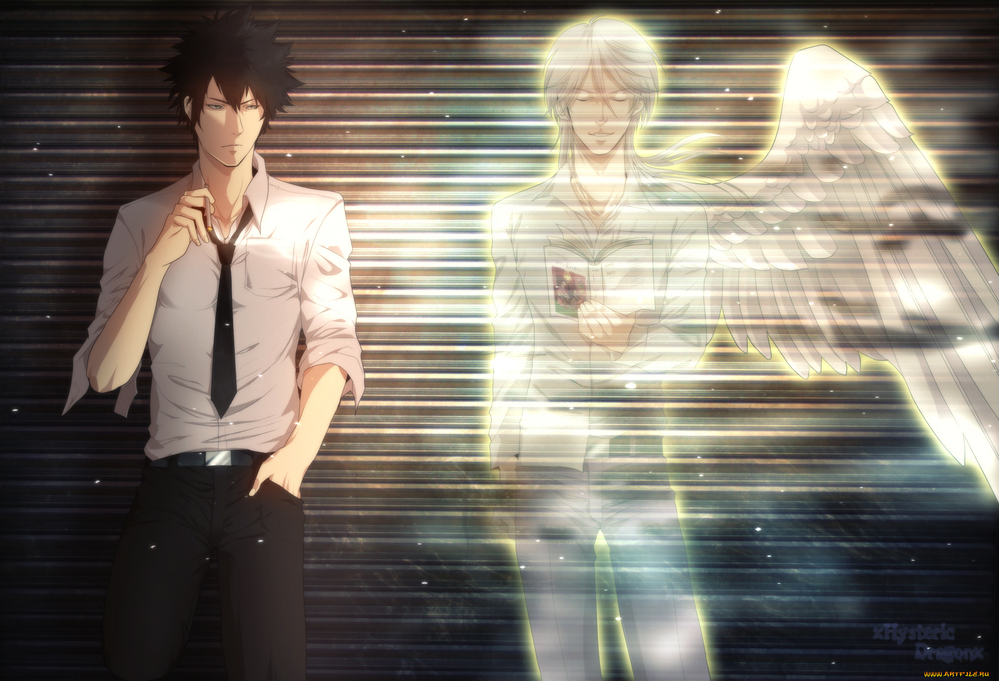 разное, арты, брюнет, блондин, ангел, сигарета, парни, арт, психо-пасс