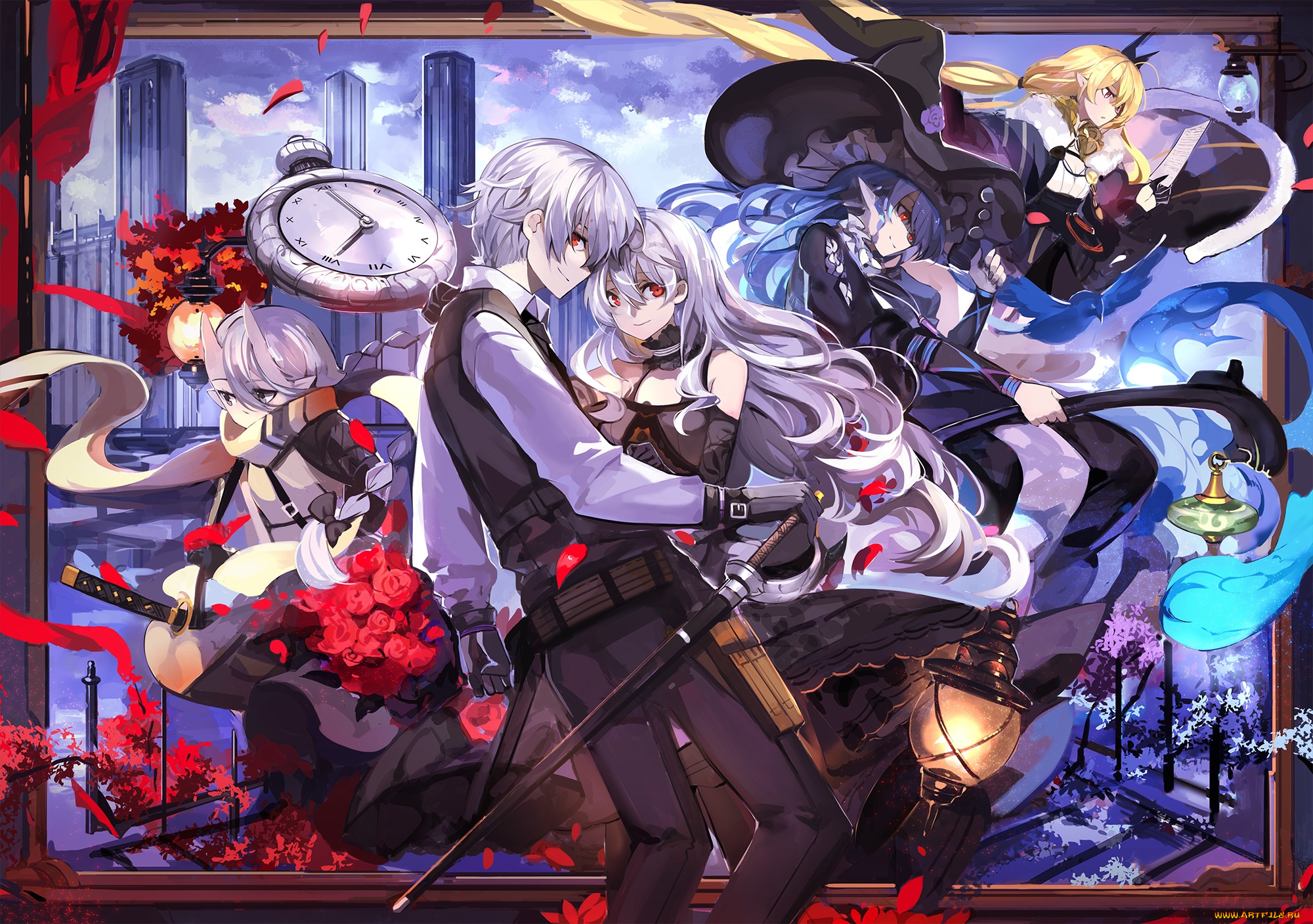 аниме, pixiv, fantasia, pixiv, fantasia, saberiii, арт, парень, город, часы, девушки, оружие, меч