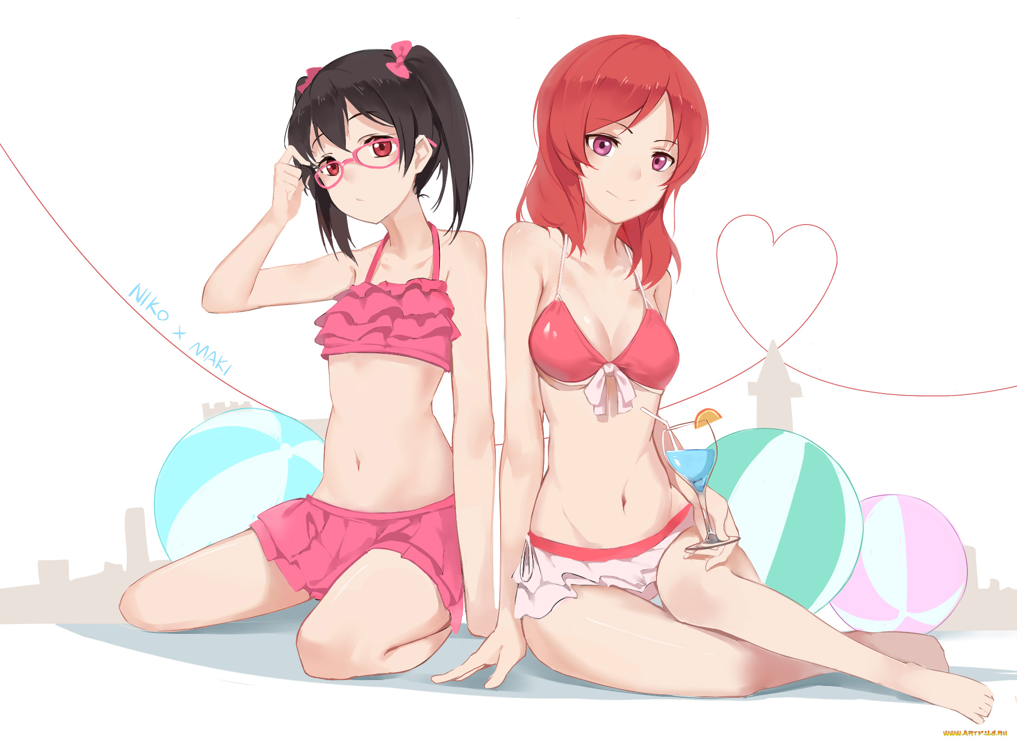 аниме, love, live, , school, idol, project, gensou, kuro, usagi, девушки, арт, yazawa, nico, nishikino, maki, купальники, фон, нить, мячи, love, live, school, idol, project