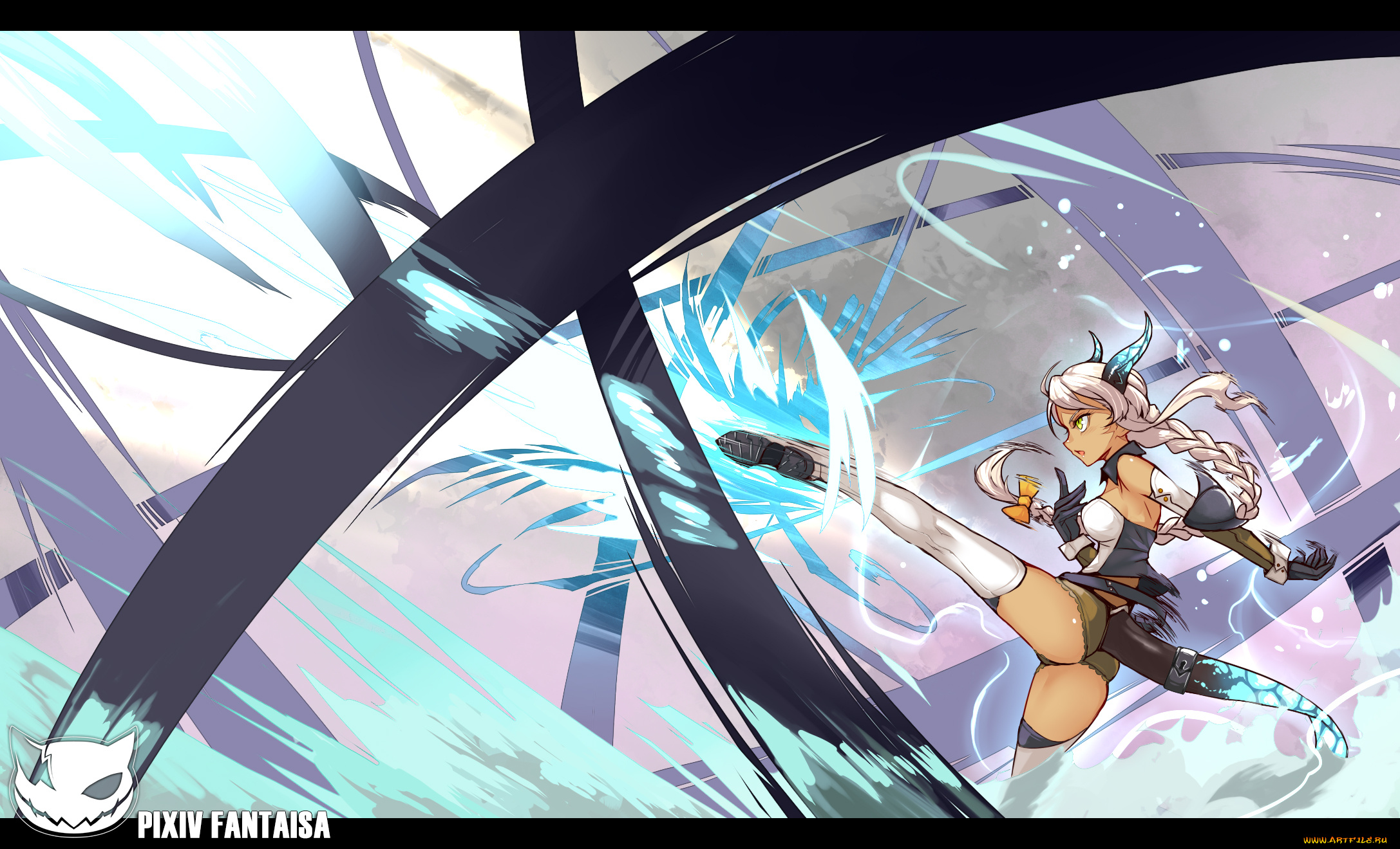 аниме, pixiv, fantasia, рога, удар, девушка, арт, realmbw, pixiv, fantasia