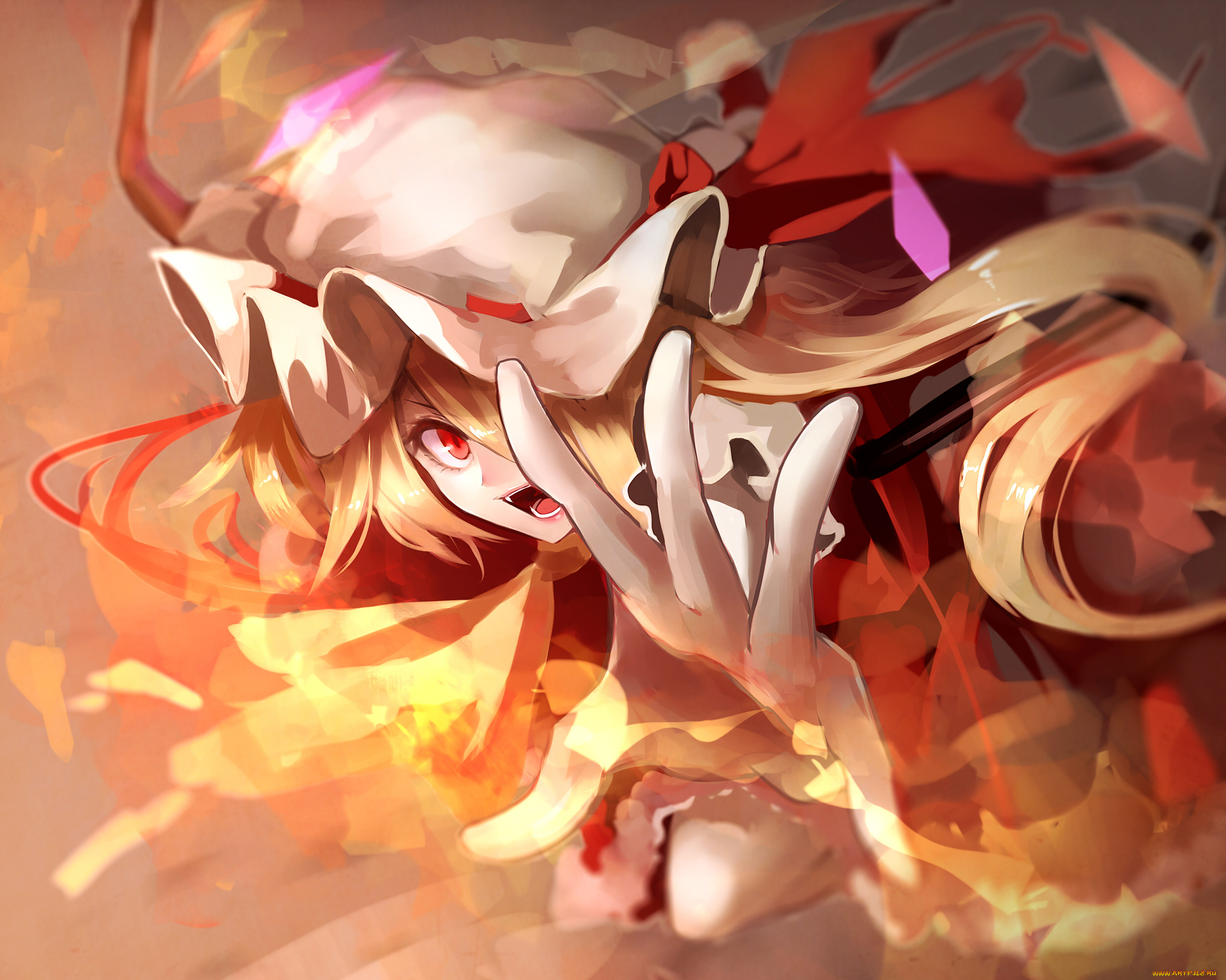 аниме, touhou, девушка, арт, пламя, рука, взгляд, yellow, skies, fami, flandre, scarlet