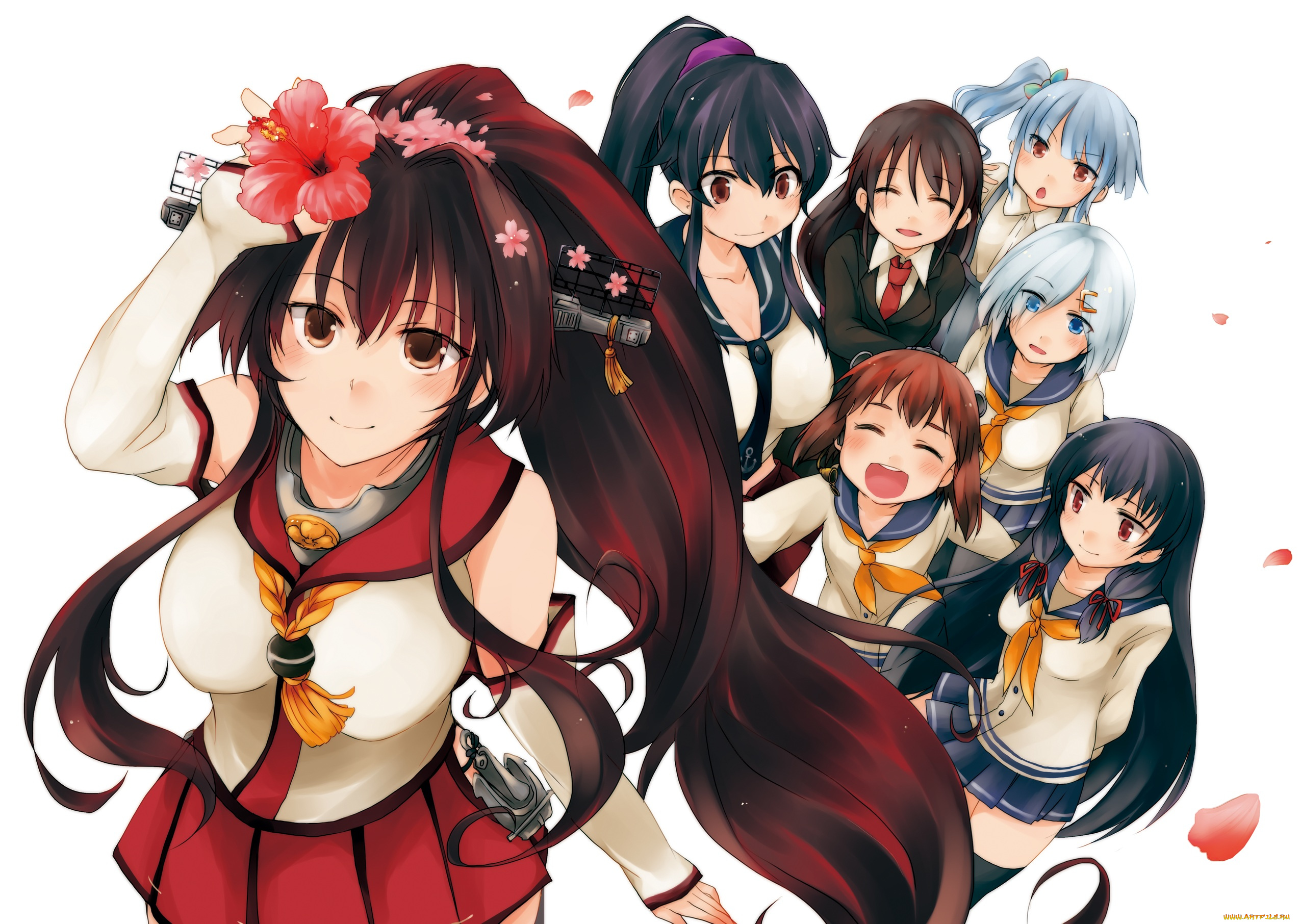 аниме, kantai, collection, kancolle, kasumi, isokaze, лепестки, белый, фон, hatsushimo, цветок, suna, kiririto, yamato, yukikaze, девушки, kantai, collection, hatsukaze, yahagi