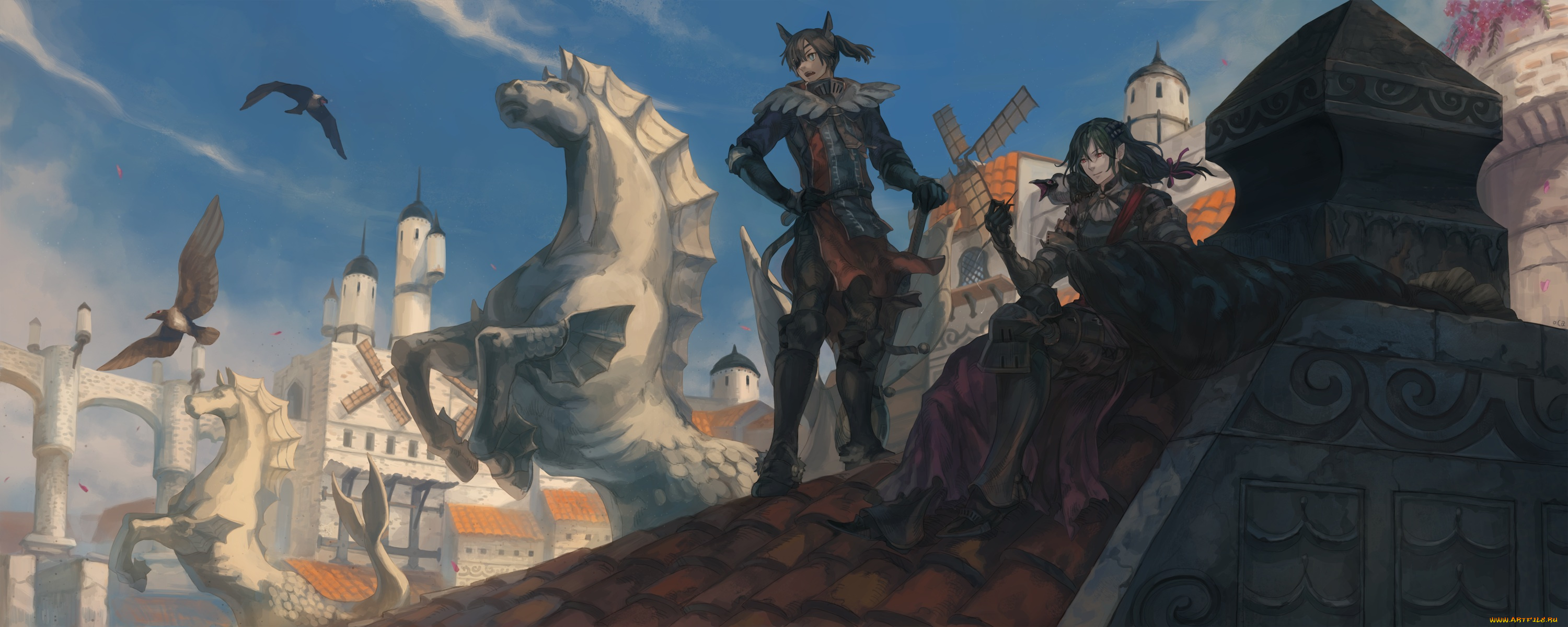 аниме, pixiv, fantasia, pixiv, fantasia, oca, арт, парни, город, крыша, статуя, лошадь, эльф, неко, меч