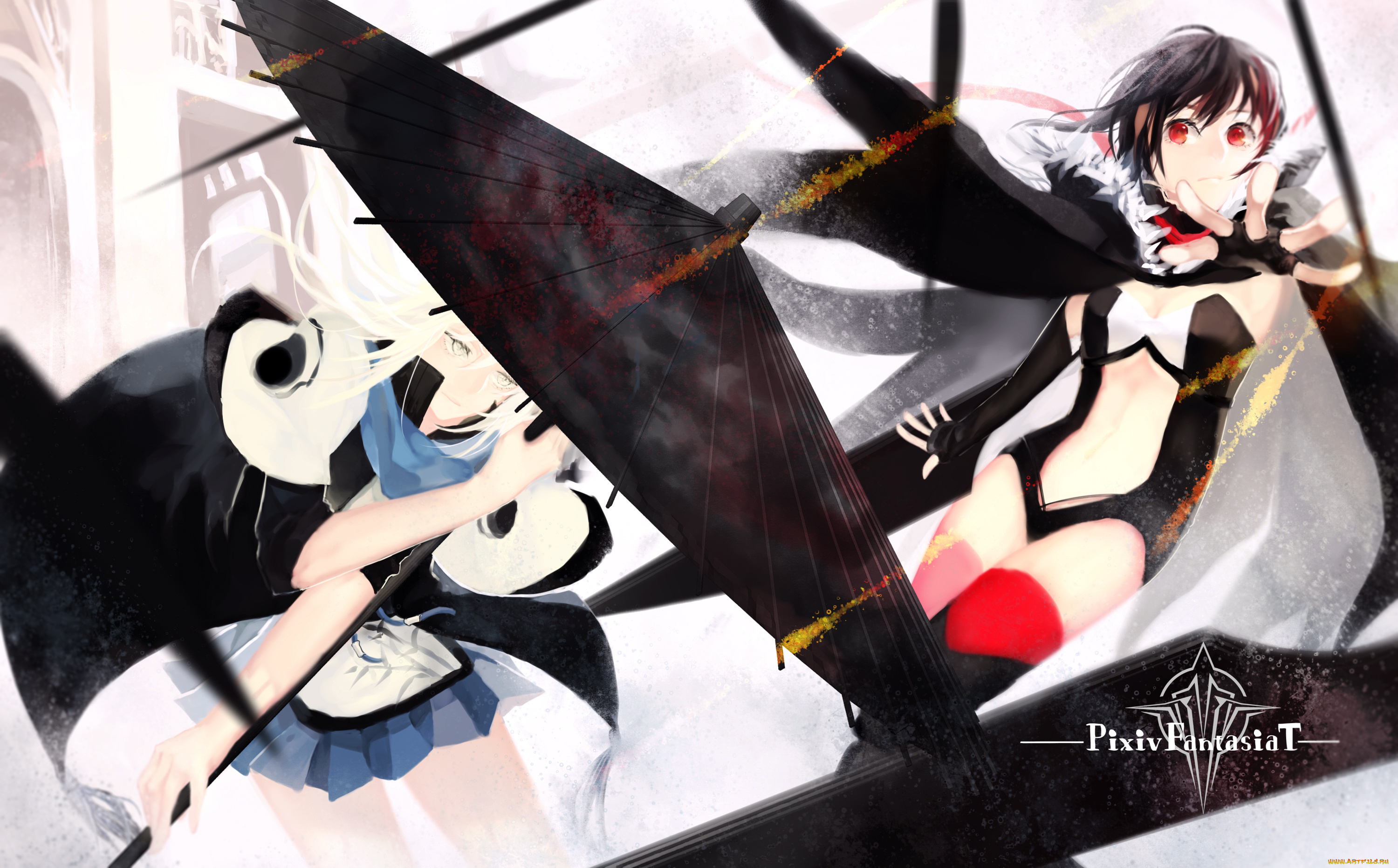 аниме, pixiv, fantasia, зонт, девушки, арт, pixiv, fantasia