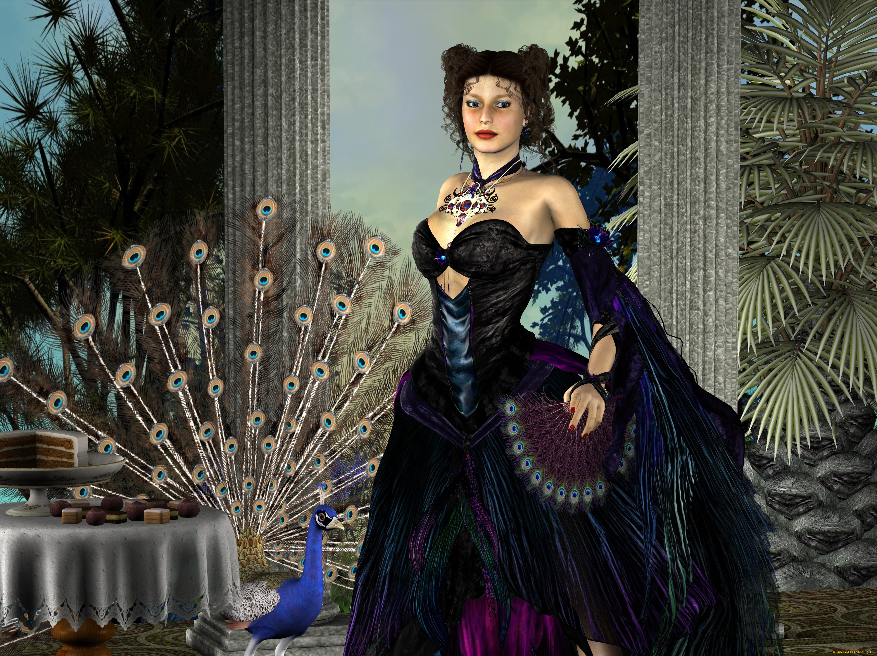 3д, графика, люди, , people, девушка, взгляд, фон, веер