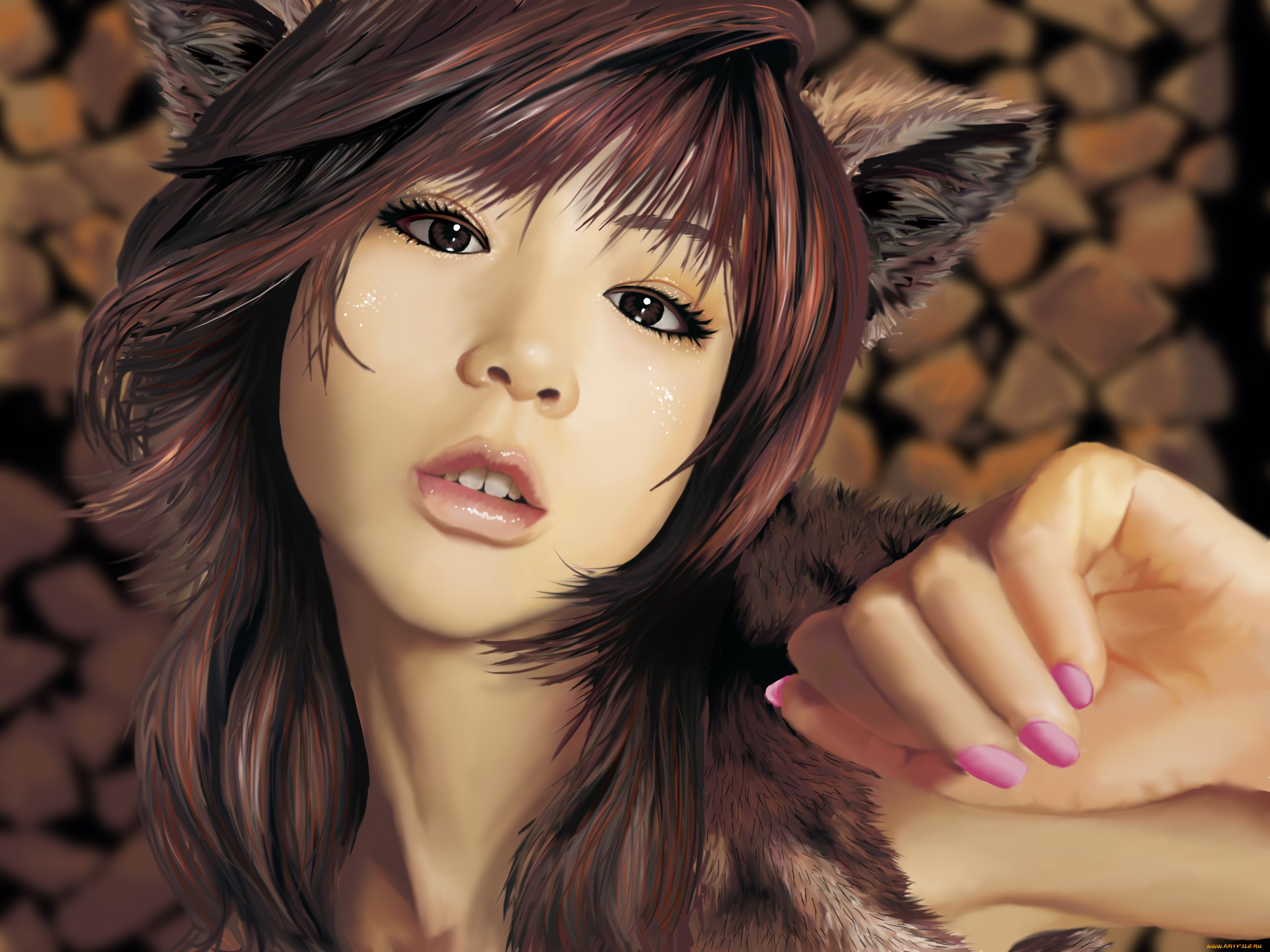 рисованное, люди, взгляд, ушки, азиатка, девушка