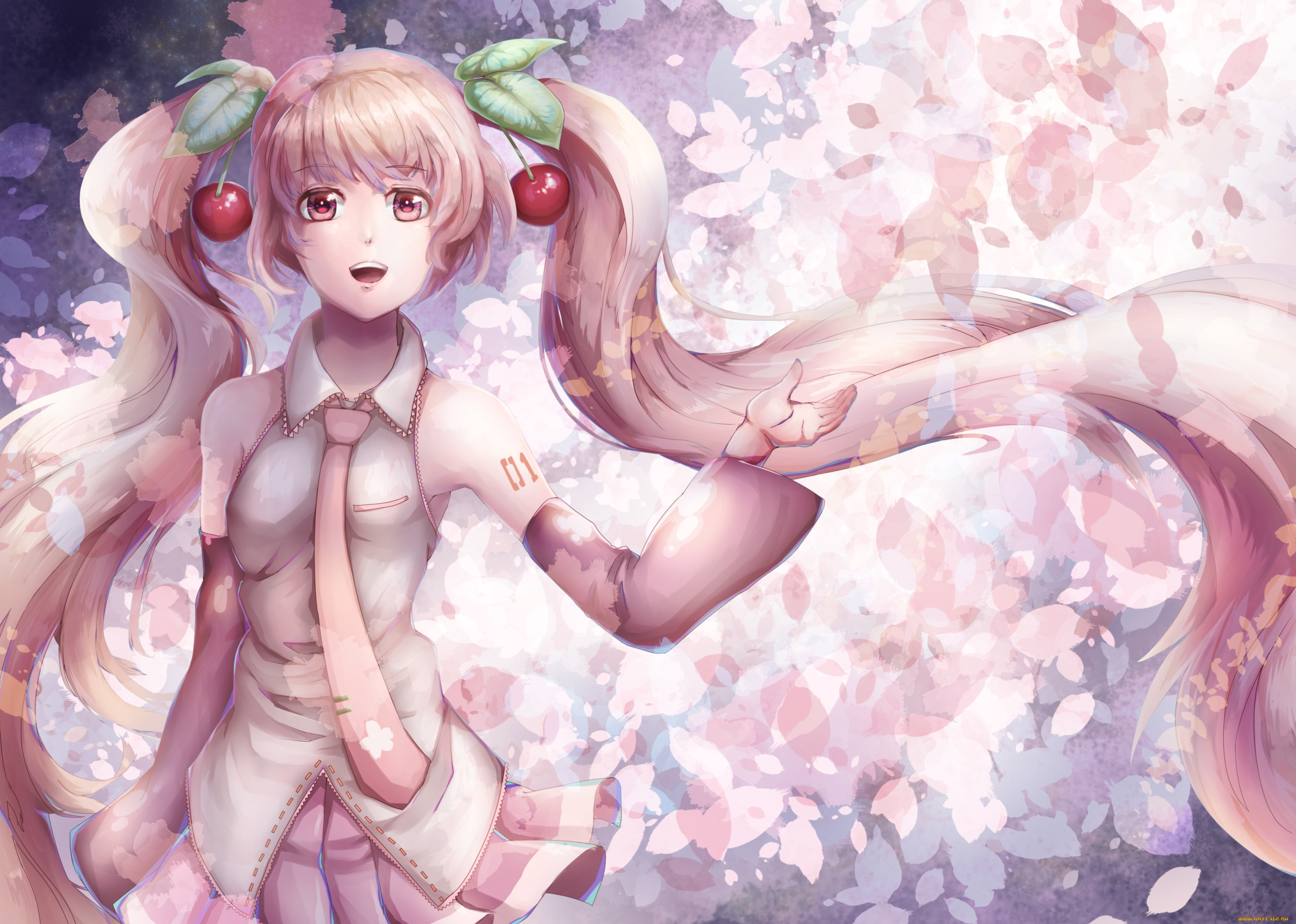 аниме, vocaloid, hatsune, miku, sakura, raymond, busujima, арт, девушка, взгляд, волосы, вишня