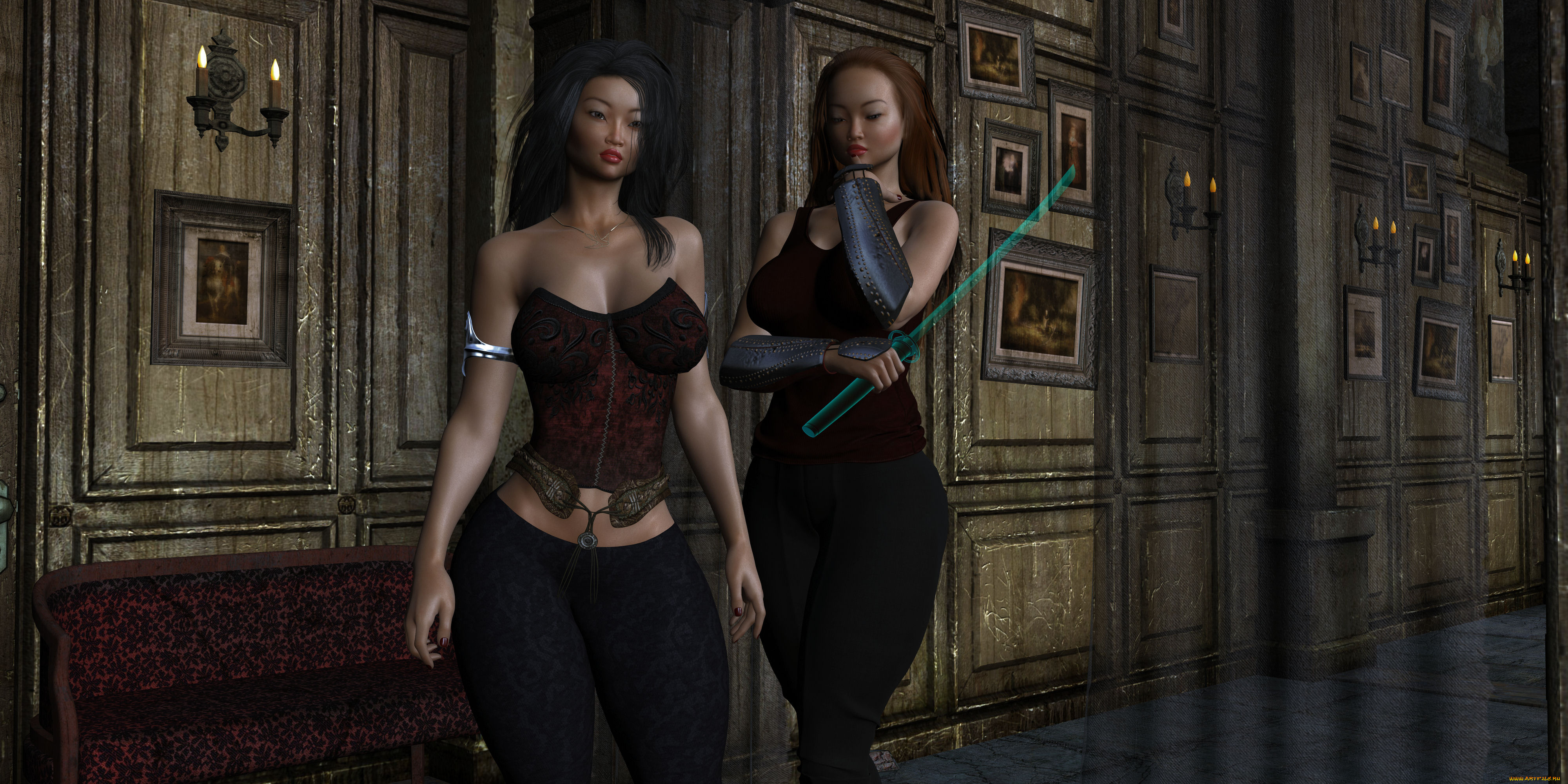 3д, графика, фантазия, , fantasy, девушки, взгляд, фон, оружие