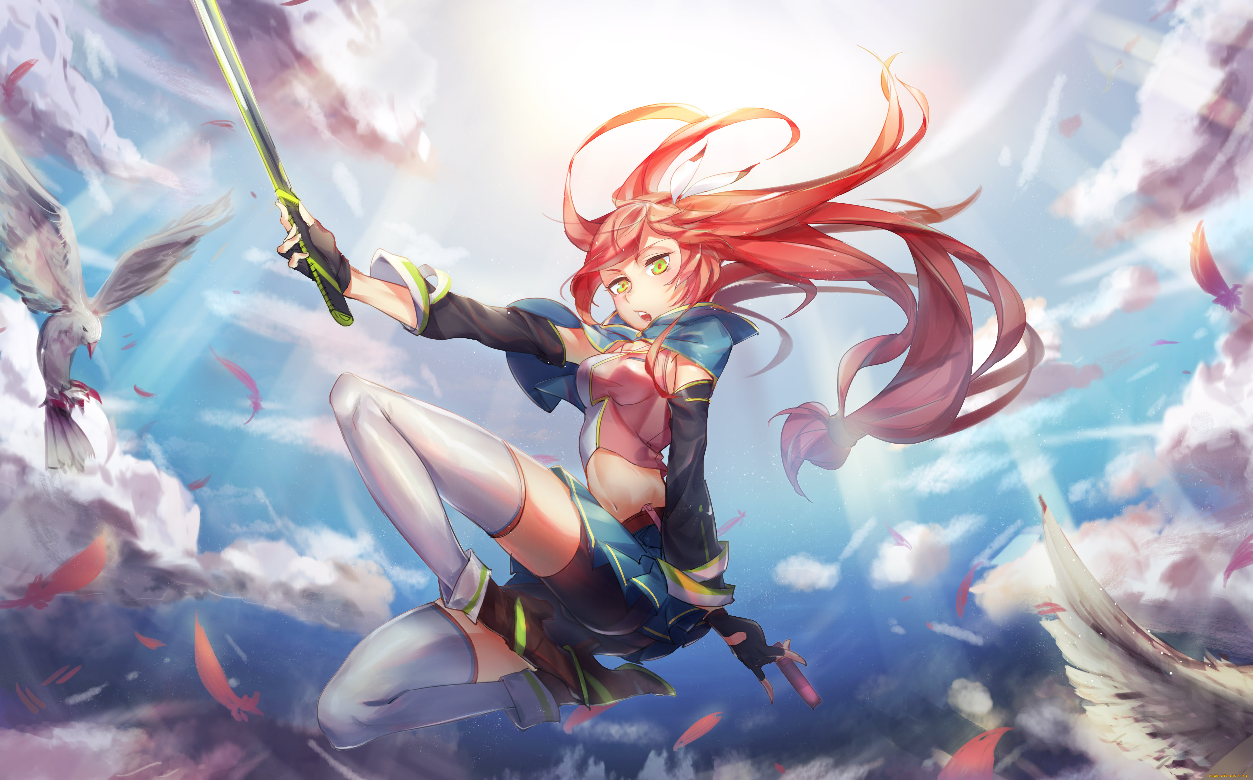 аниме, pixiv, fantasia, pixiv, fantasia, pg-pgouwoderen, арт, оружие, меч, птицы, голуби, небо, облака, девушка