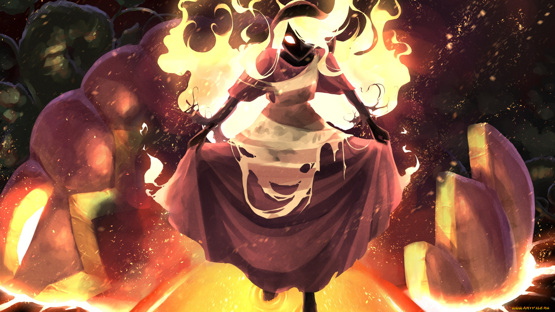 аниме, ангелы, , демоны, девушка, огонь, демон