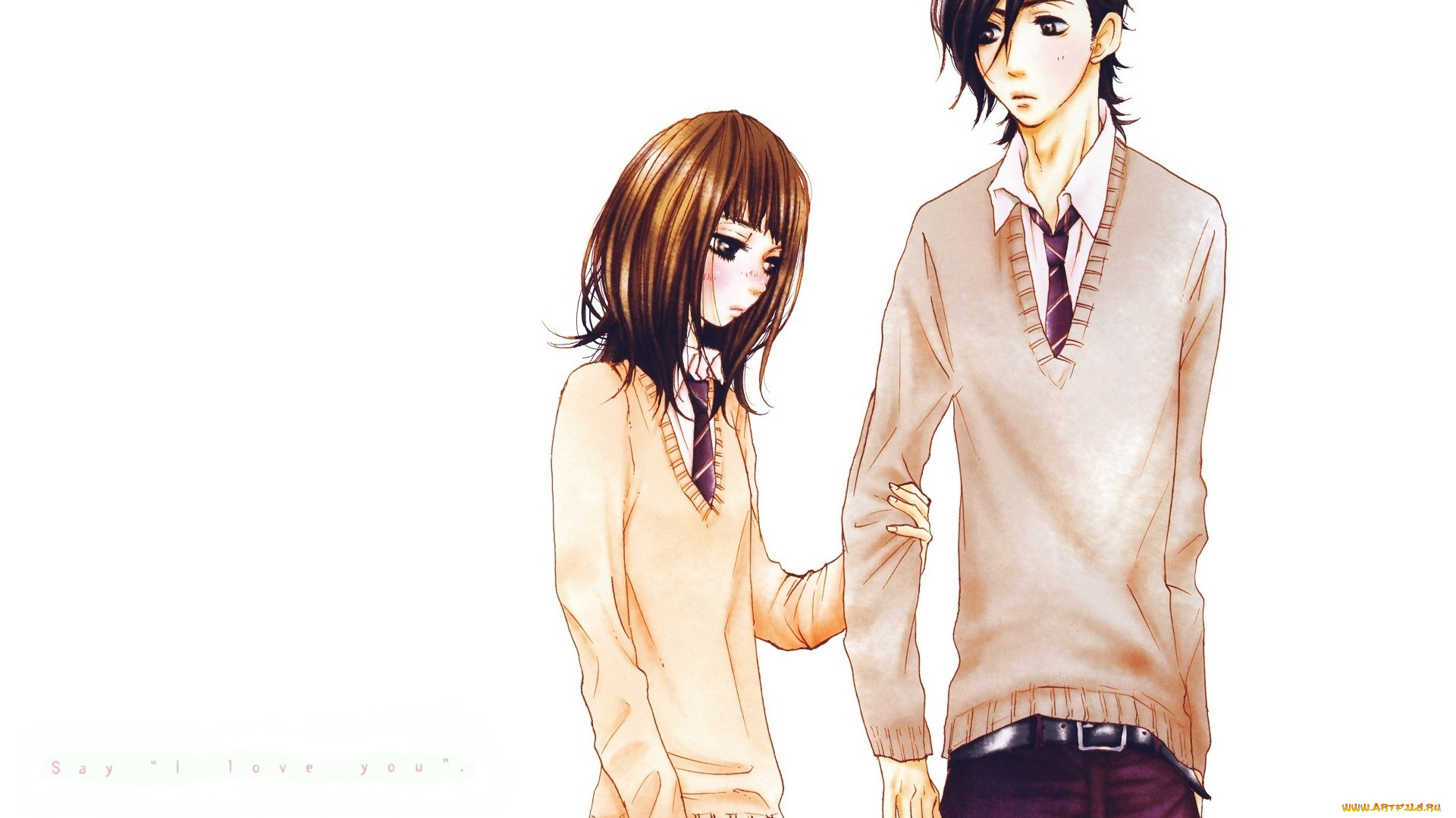 аниме, say, i, love, you, say, i, love, you, art, mei, tachibana, kanae, hazuki, школьники, галстук, румянец, смущение, yamato, kurosawa, белый, фон