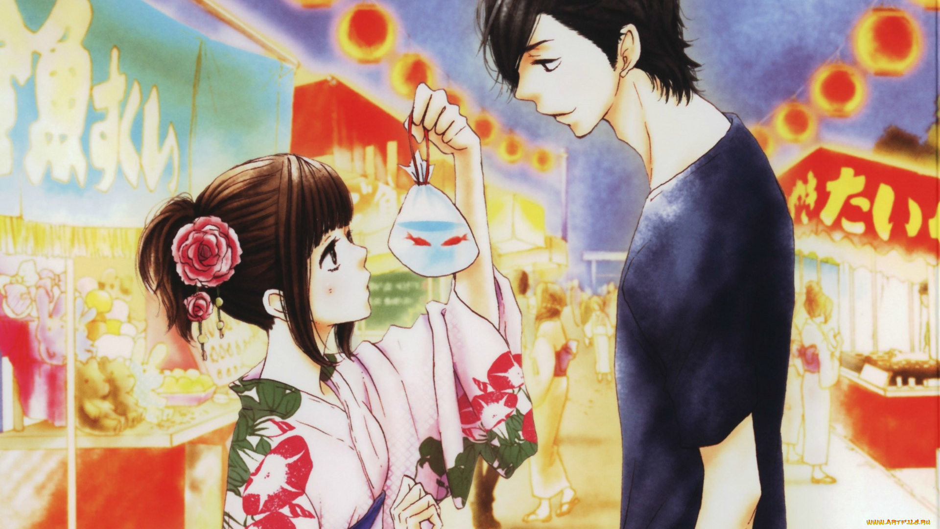 аниме, say, i, love, you, yamato, kurosawa, фонари, вечер, люди, вывески, прилавки, mei, tachibana, улица, рыбки, юката, say, i, love, you, kanae, hazuki, art