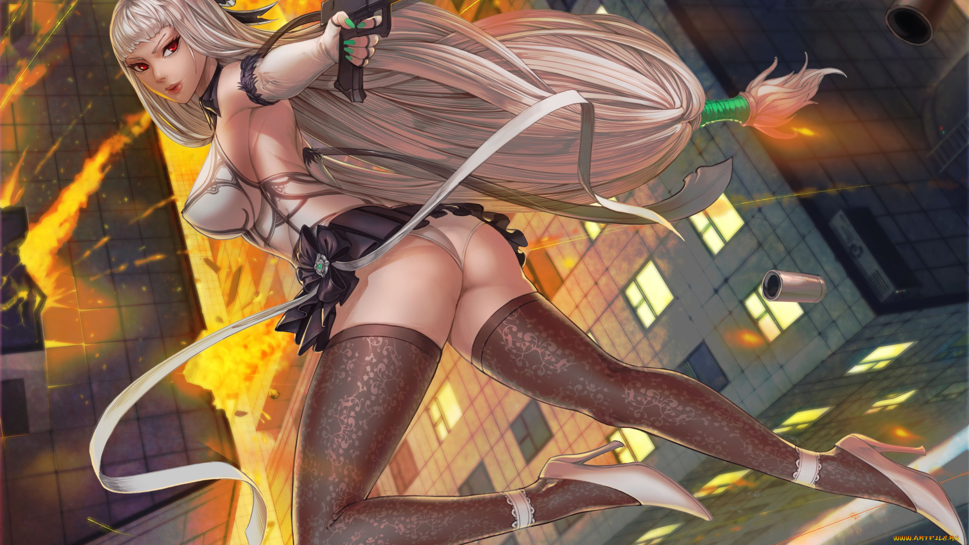 фэнтези, девушки, сиськи, волосы, грудь, разрушение, взрыв, туфли, задница, гильзы, дом, чулки, девушка, пистолет, юбка, огонь, попа