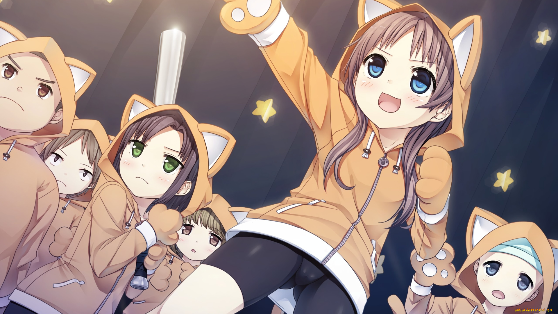 monobeno, аниме, фон, взгляд, девушки