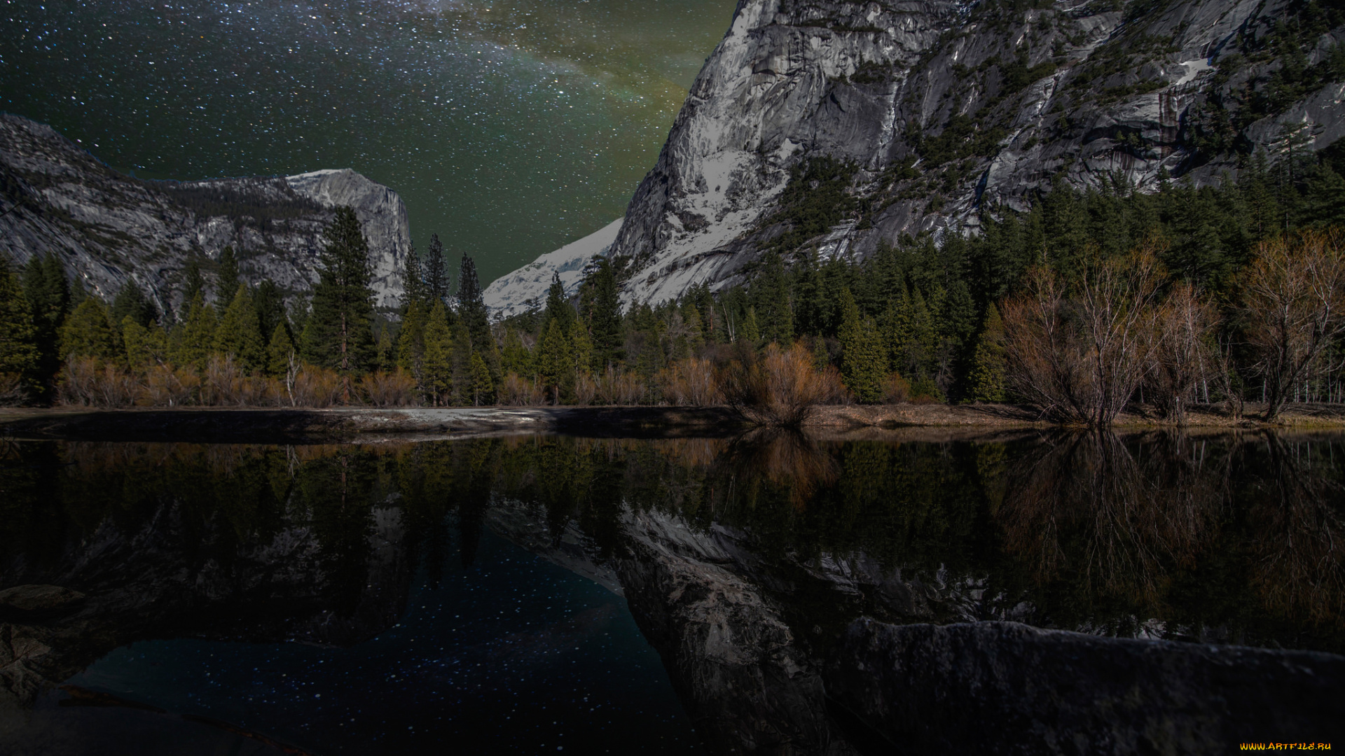 природа, реки, озера, деревья, озеро, звезды, небо, горы, ночь