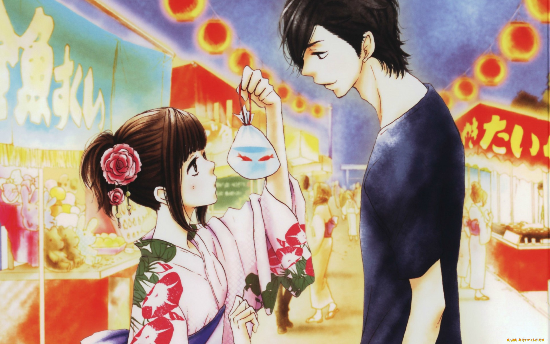 аниме, say, i, love, you, yamato, kurosawa, фонари, вечер, люди, вывески, прилавки, mei, tachibana, улица, рыбки, юката, say, i, love, you, kanae, hazuki, art