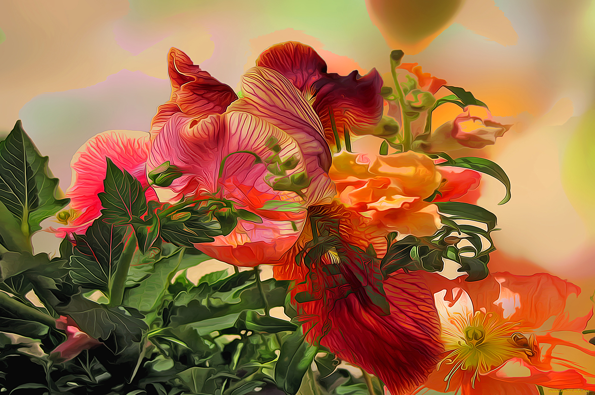 разное, компьютерный, дизайн, линии, листья, цветы, краски, растение