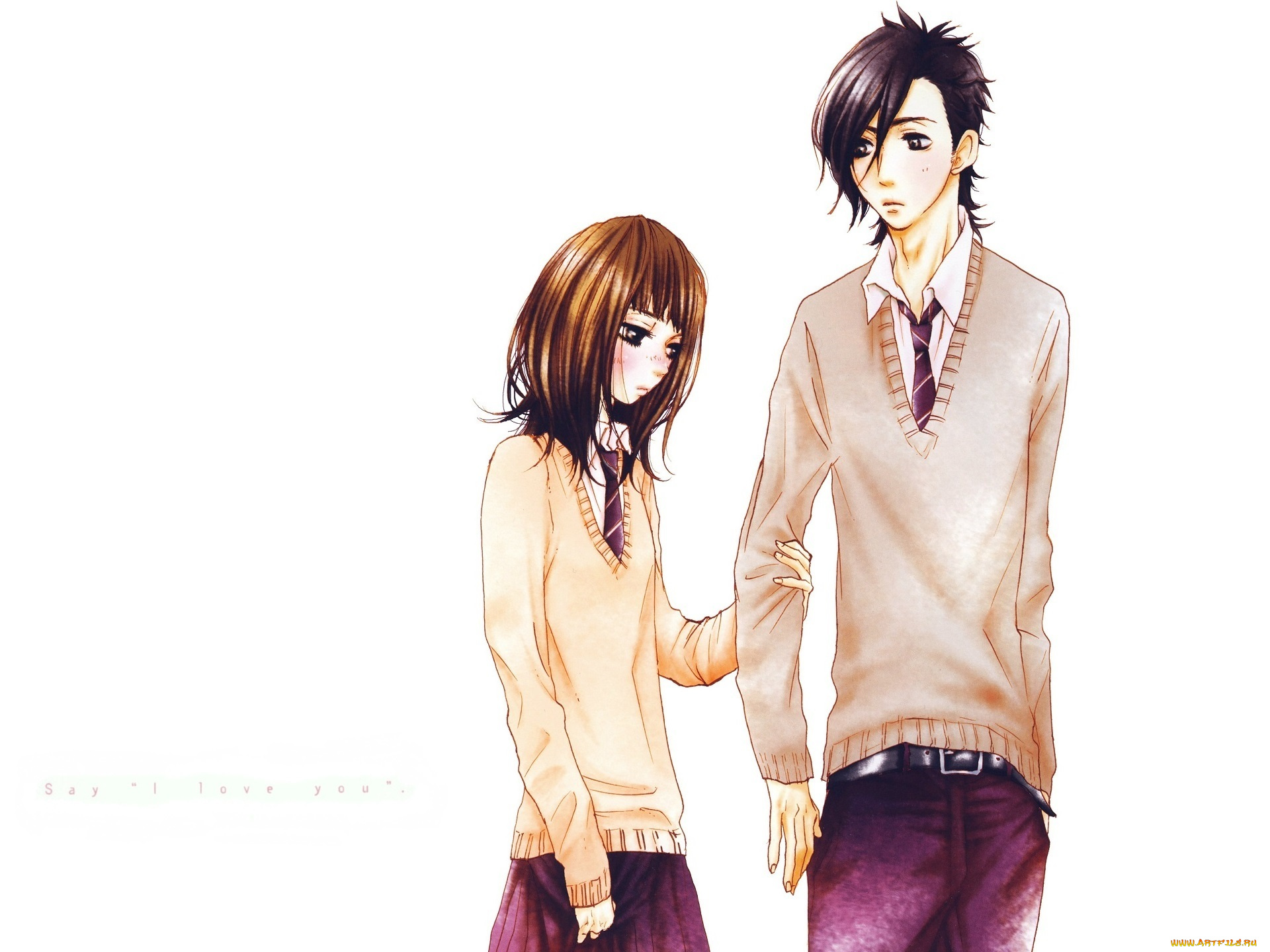 аниме, say, i, love, you, say, i, love, you, art, mei, tachibana, kanae, hazuki, школьники, галстук, румянец, смущение, yamato, kurosawa, белый, фон