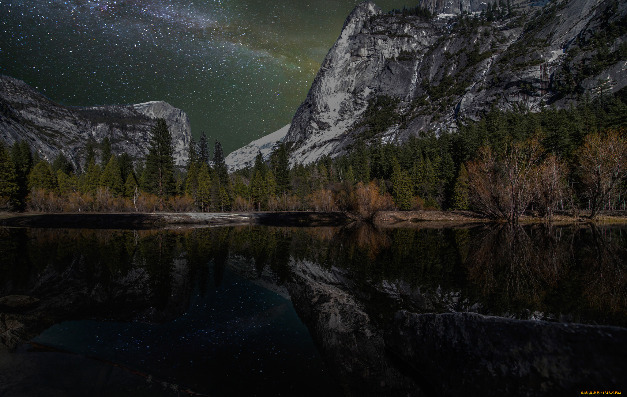 природа, реки, озера, деревья, озеро, звезды, небо, горы, ночь