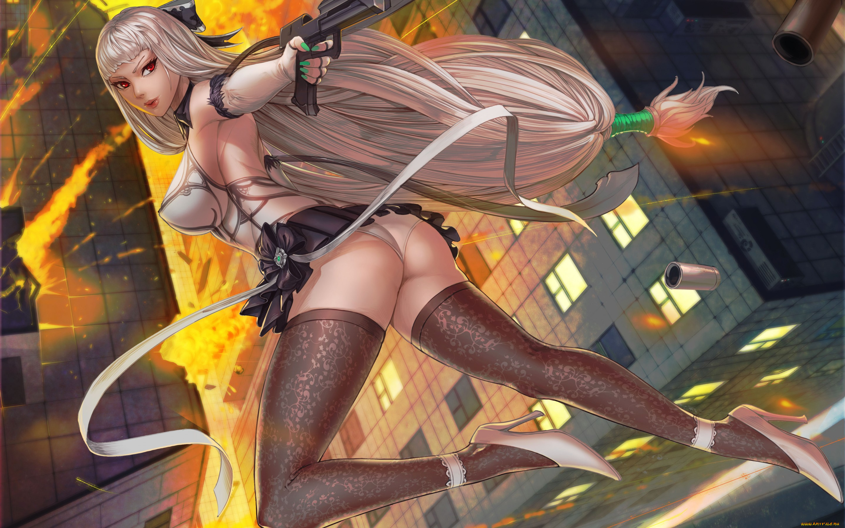 фэнтези, девушки, сиськи, волосы, грудь, разрушение, взрыв, туфли, задница, гильзы, дом, чулки, девушка, пистолет, юбка, огонь, попа