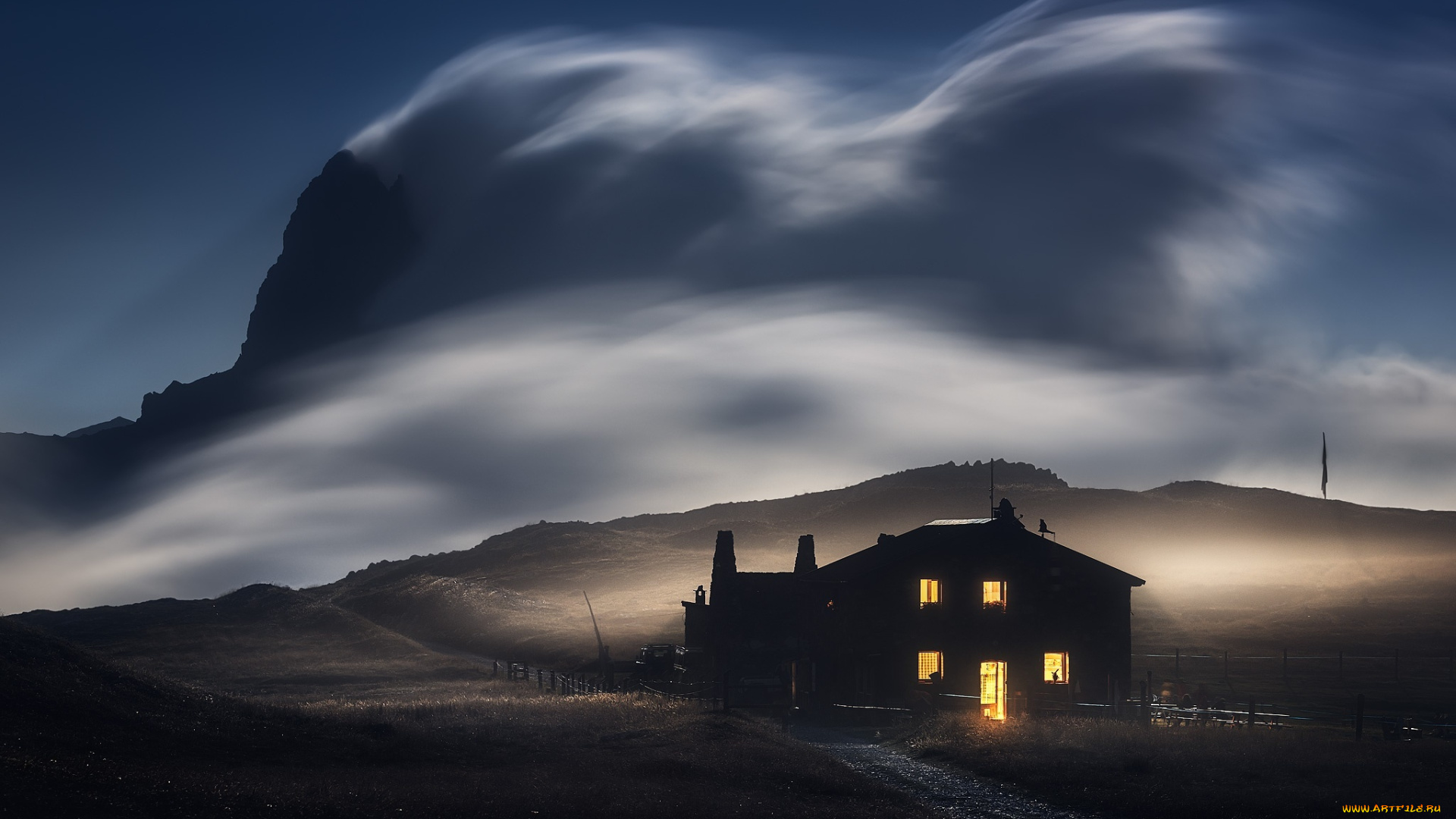 города, -, здания, , дома, небо, ночь, ветер, свет, дом, гора