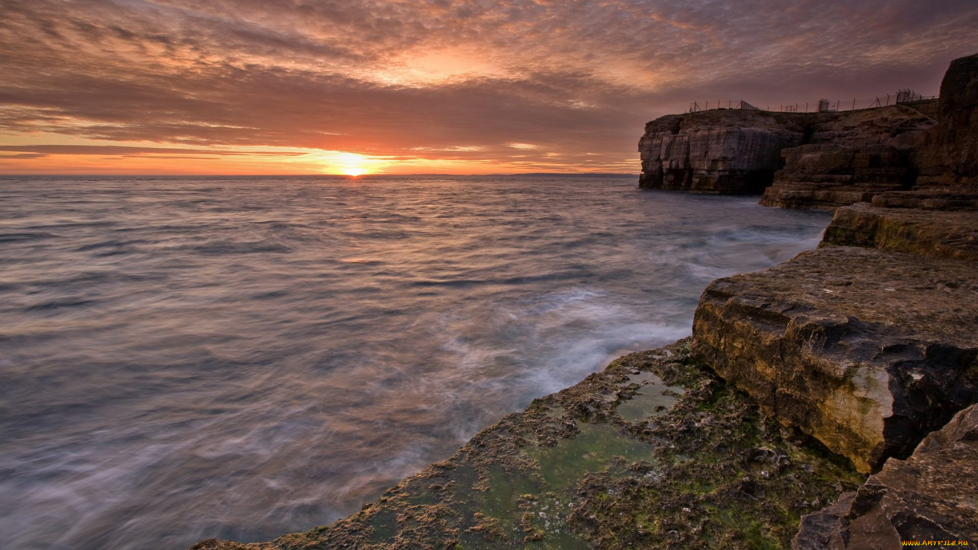 природа, побережье, закат, скалы
