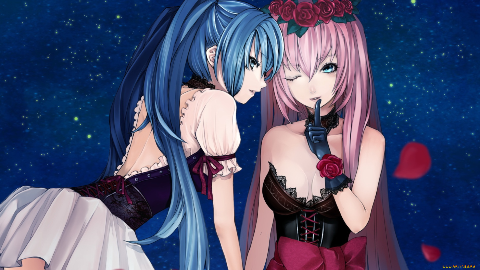 аниме, vocaloid, бант, венок, розы, девушки, секрет