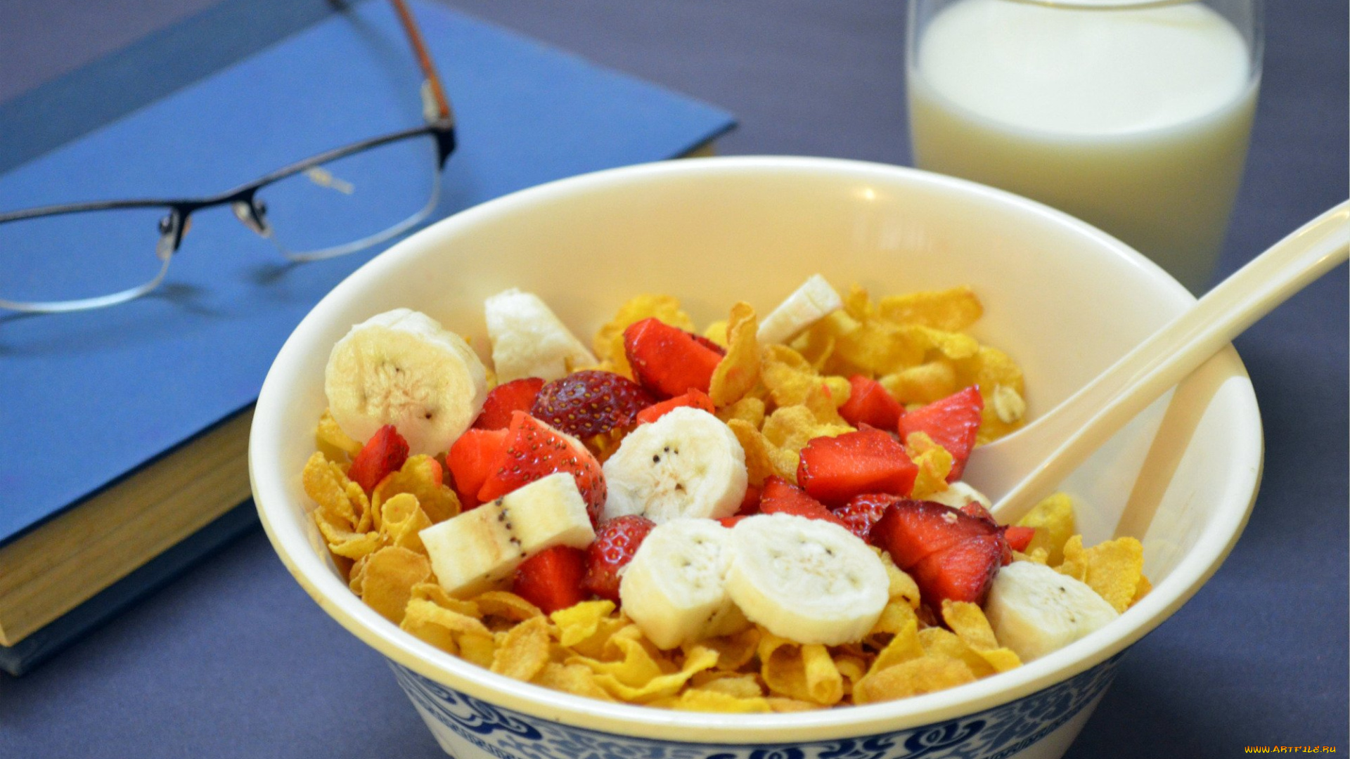 еда, мюсли, , хлопья, молоко, банан, хлопья, клубника