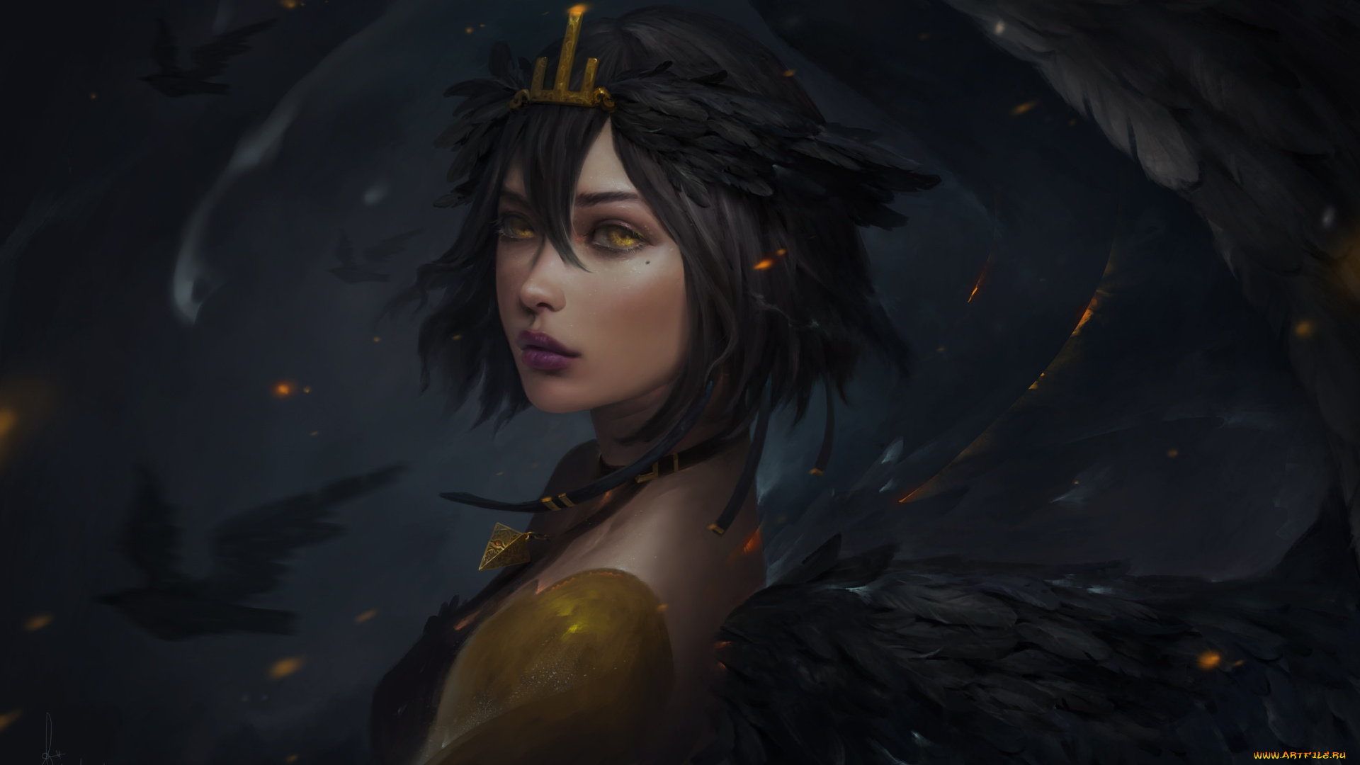 фэнтези, ангелы, взгляд, птицы, девушка, крылья, арт