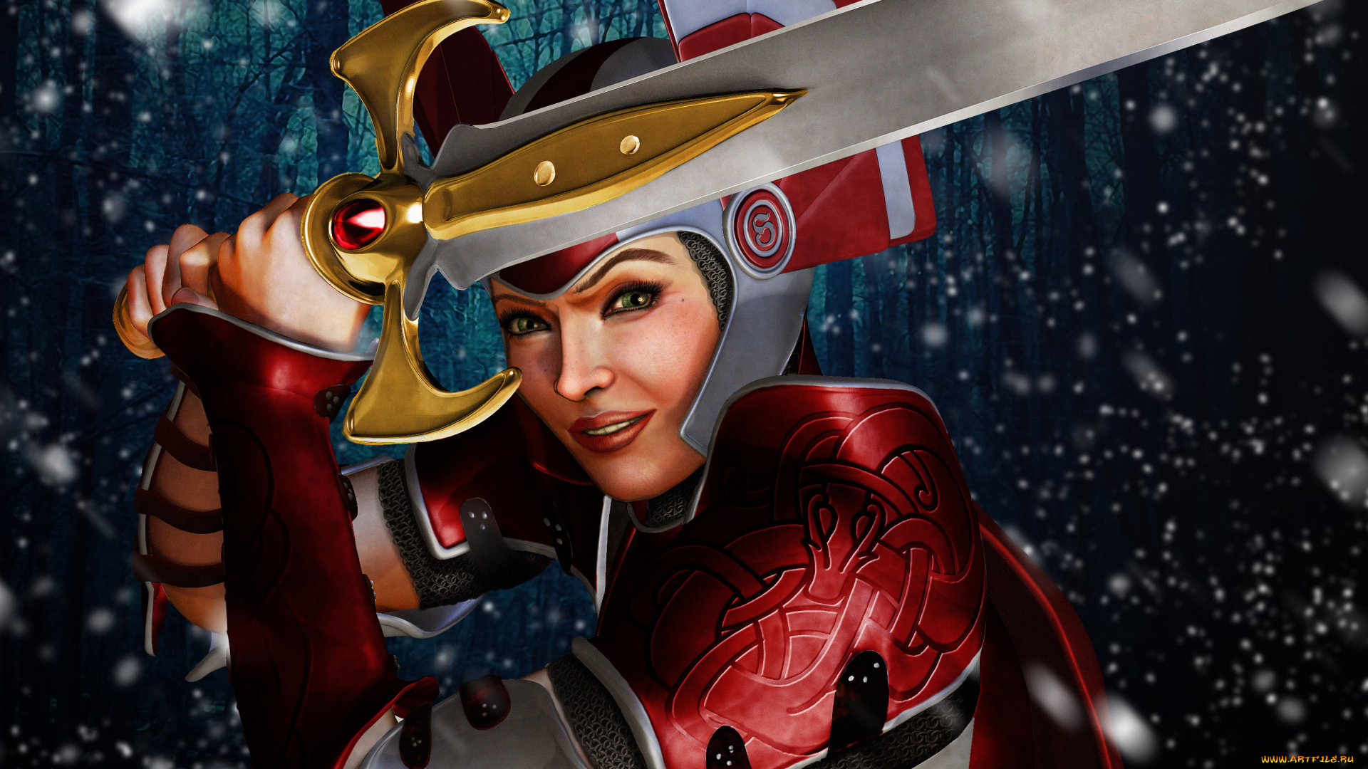 фэнтези, девушки, фон, девушка, улыбка, меч